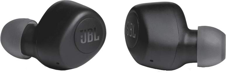 Két fekete JBL fülhallgató egymás mellett, a márkalogó látható mindegyiken.