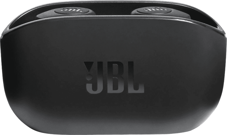 Egy fekete JBL töltőtok fülhallgatókhoz. A JBL logó látható a tok tetején.