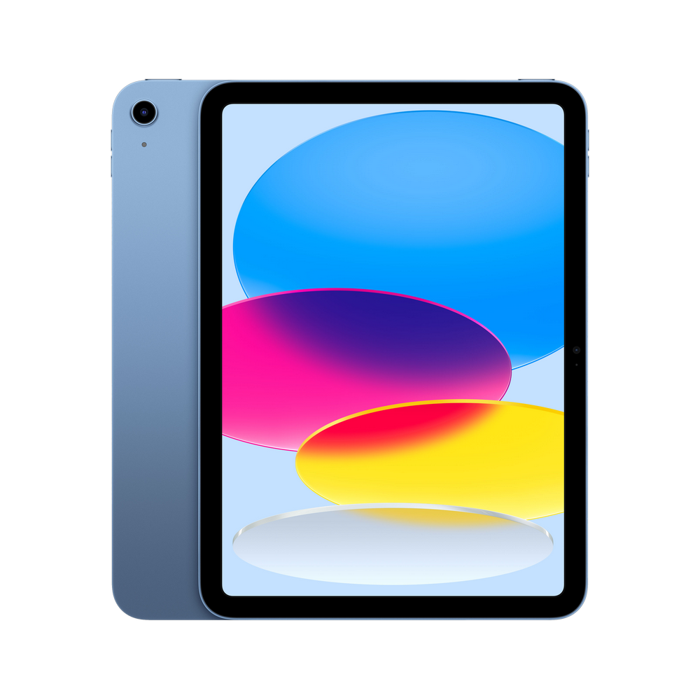 iPad azul con cámara frontal, mostrando un fondo abstracto colorido.