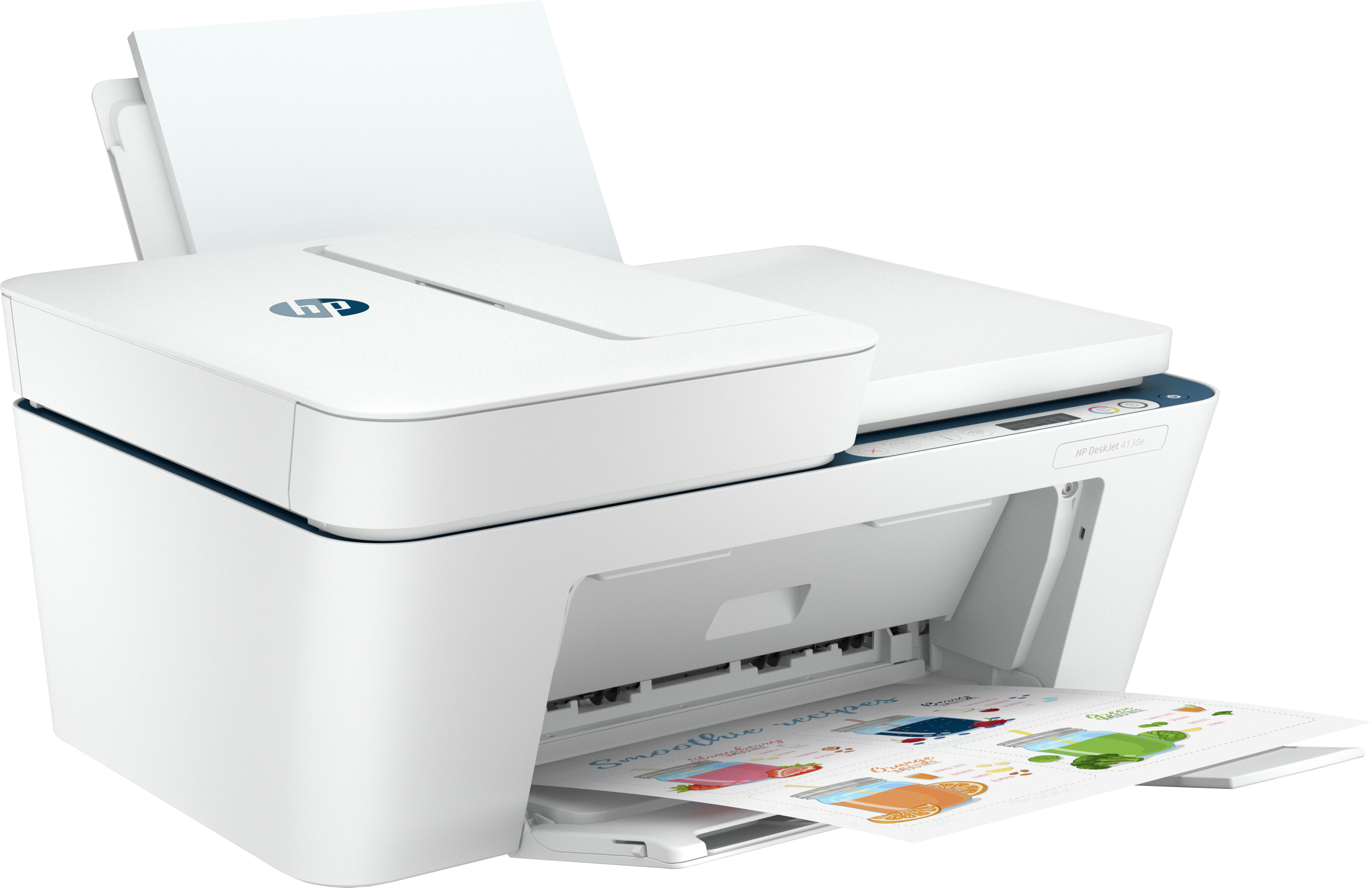 Weißer HP Drucker mit blauen Akzenten, druckt farbenfrohe Seite.