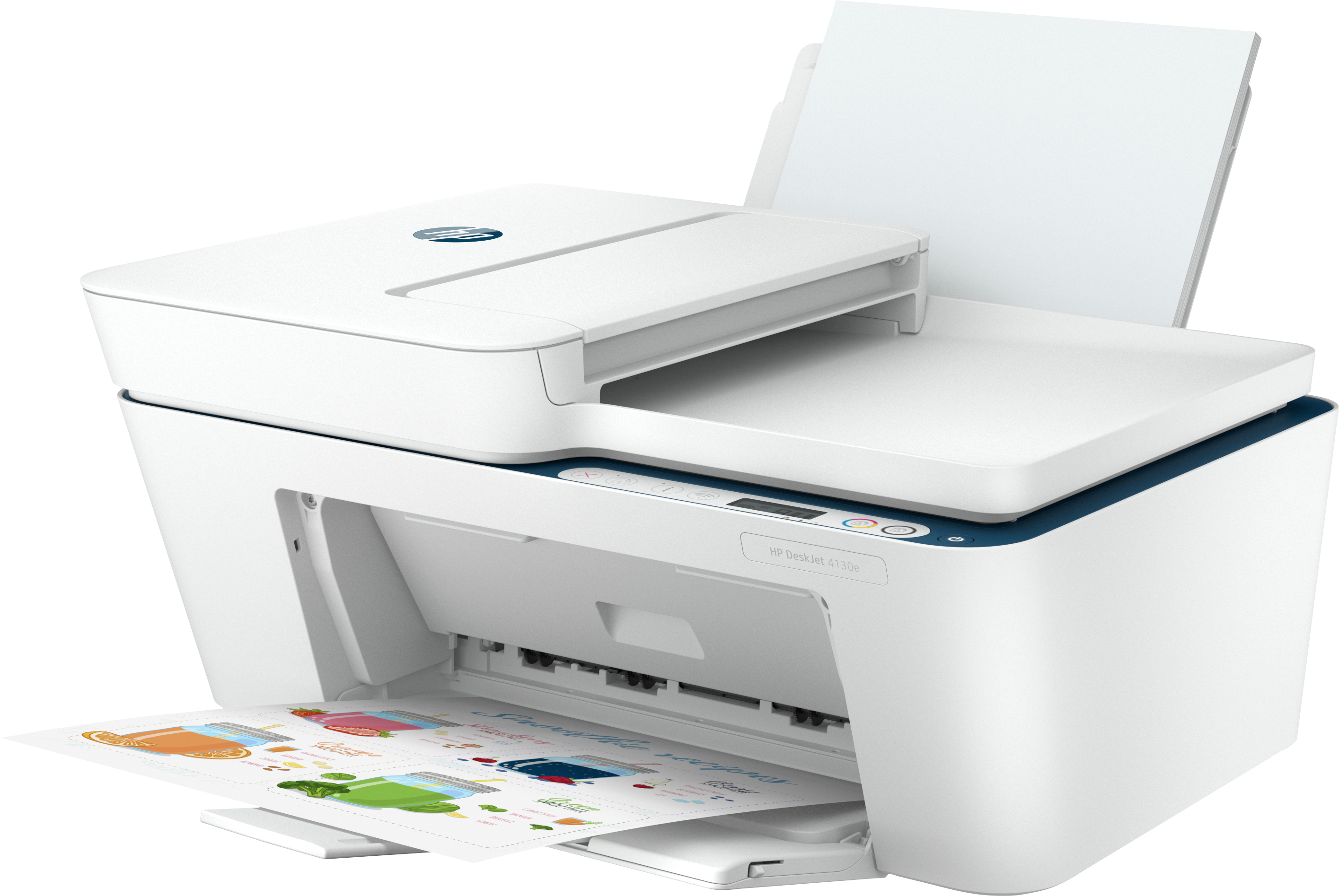 Weißer HP-Drucker mit blauem Akzent, der Farbseiten druckt. Weißer Hintergrund. Die Vorderseite ist offen.