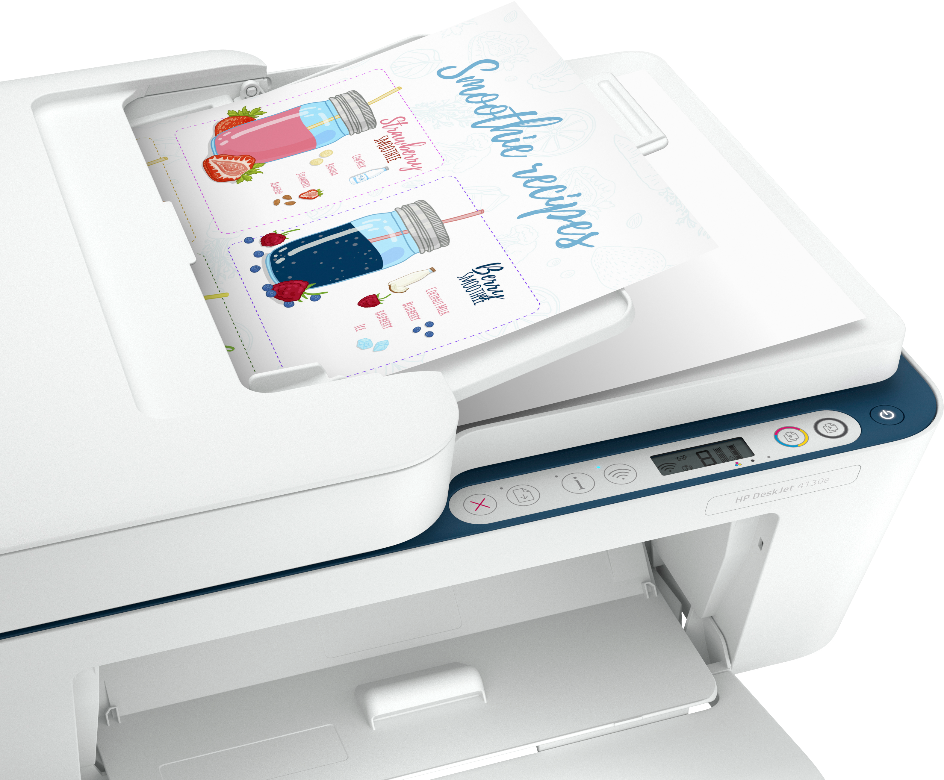 HP DeskJet 4130e Drucker mit einem gedruckten Smoothie-Rezepte-Blatt im Ausgabefach.