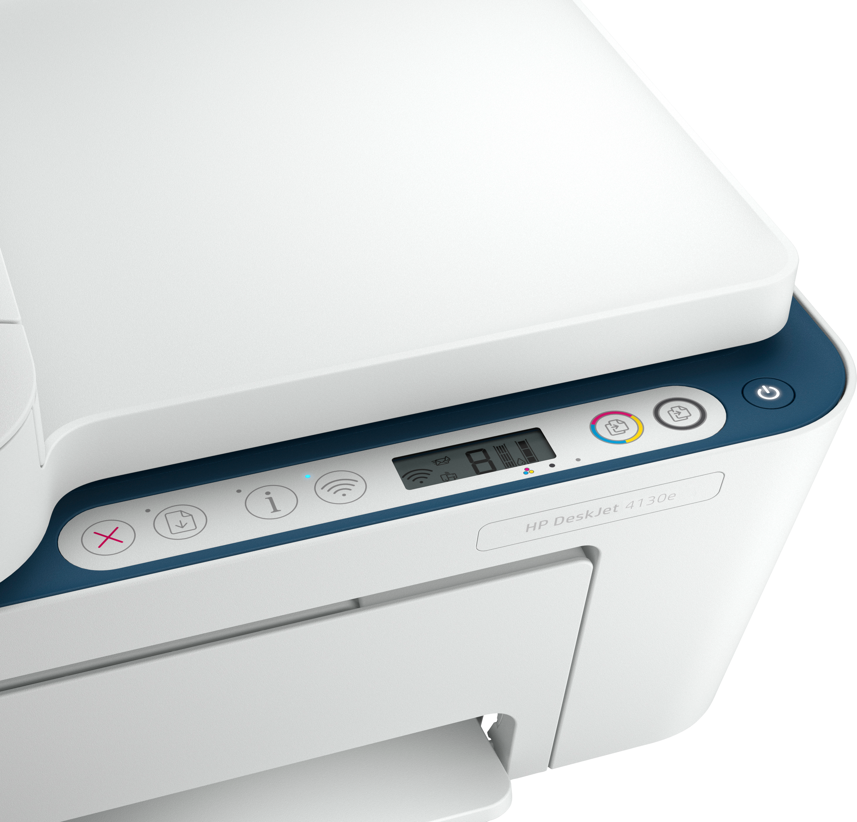 Ein weißer Drucker mit blauem Akzent oben. Das Bedienfeld ist blau und hat einen Bildschirm.