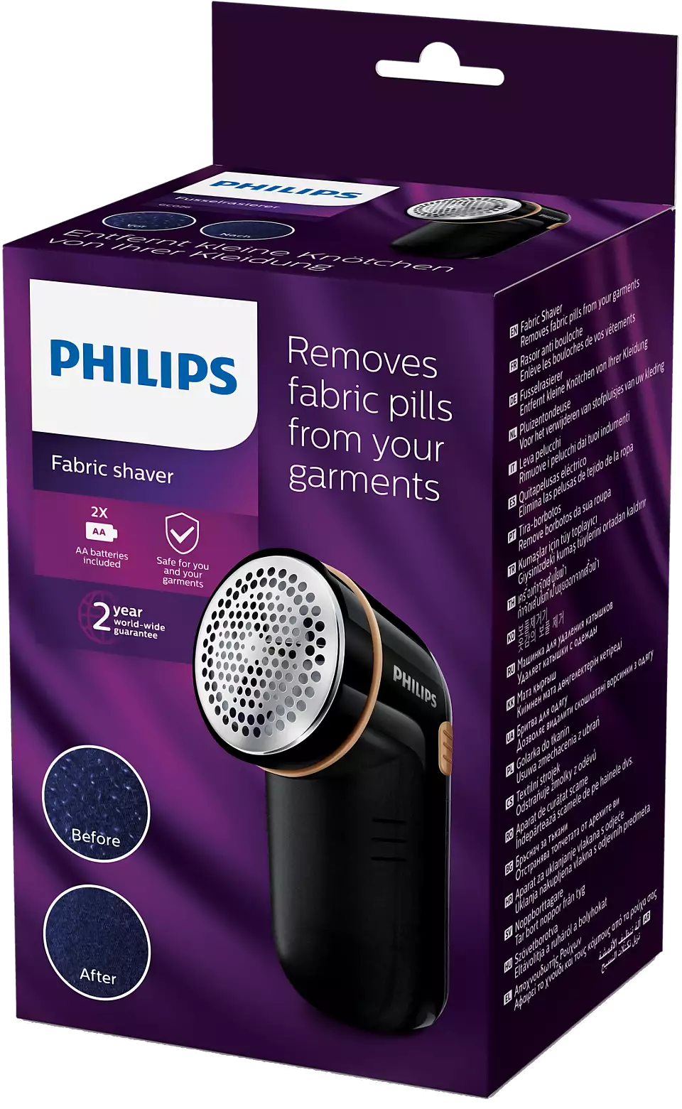 Philips szövetborotva, fekete és arany, a szöszök előtte és utána.