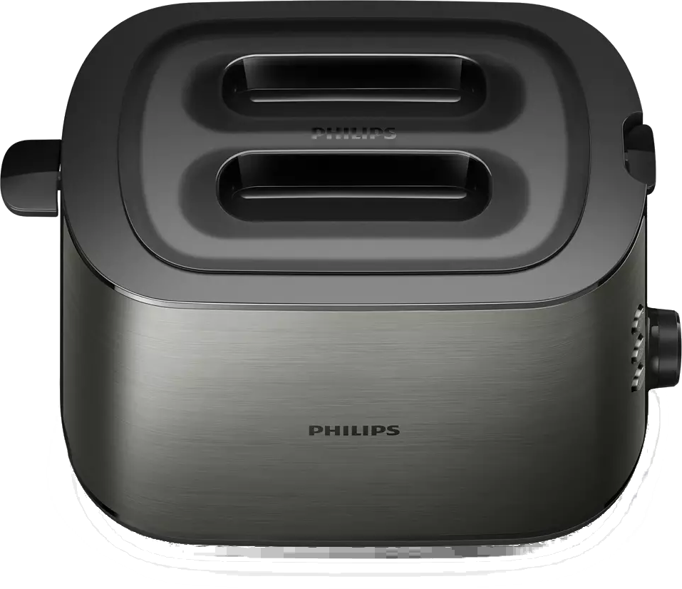Fekete kenyérpirító ezüst kivitellel, PHILIPS logóval, fehér háttér.