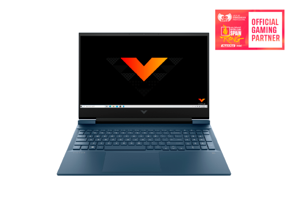 Laptop azul con un logo en la pantalla.