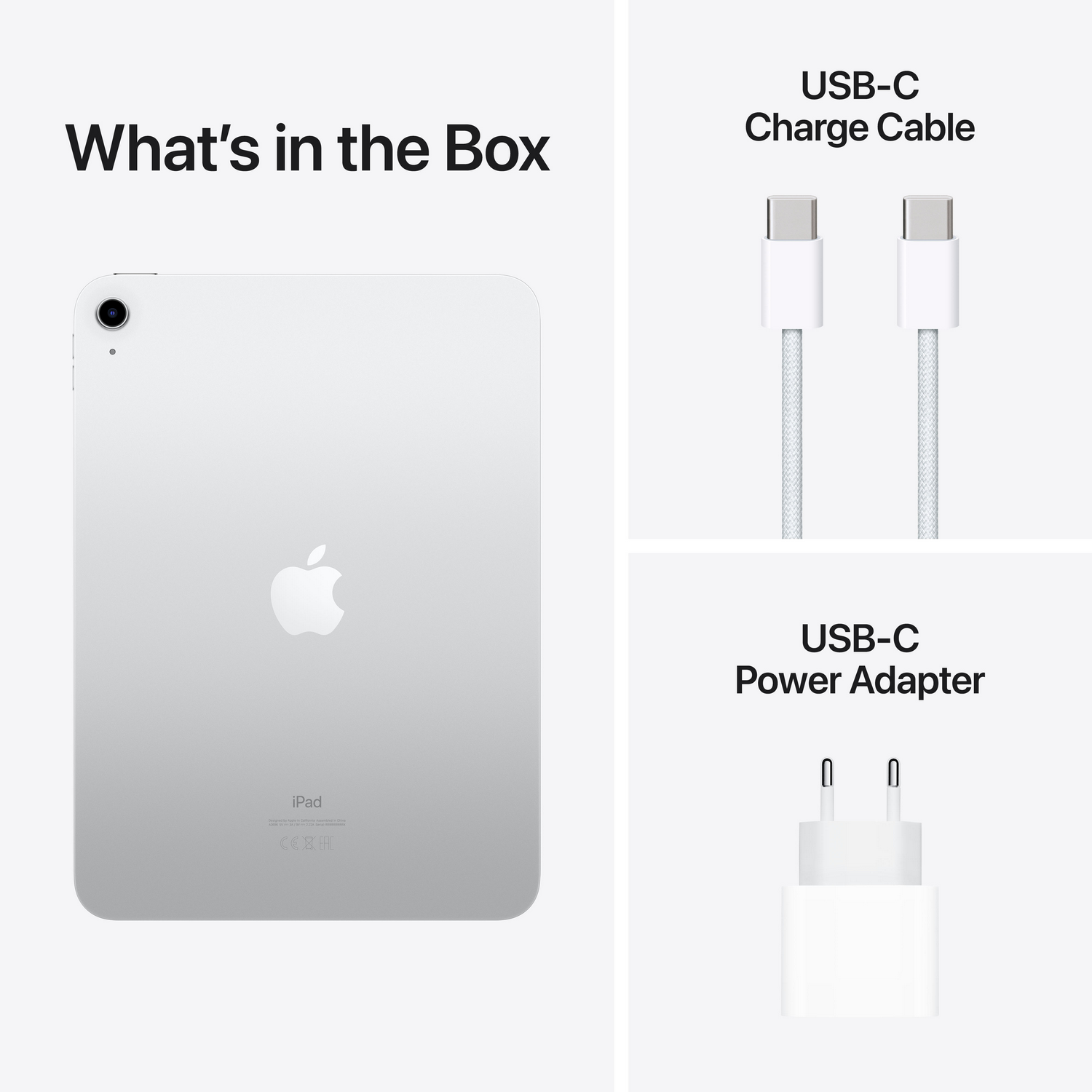 Een zilveren iPad, een USB-C oplaadkabel en een USB-C stroomadapter.