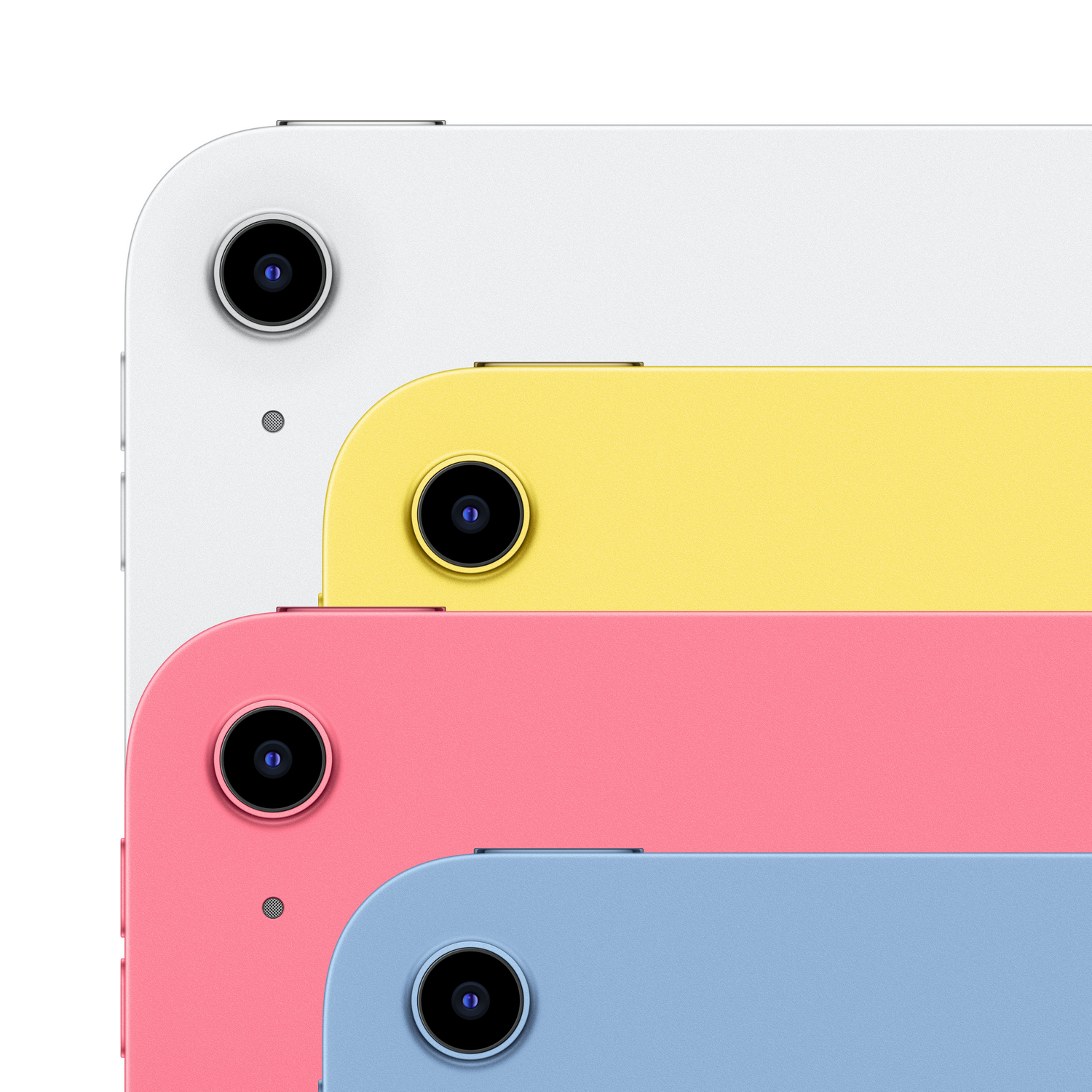 Close up of four colorful iPads. Each one has a camera. The colors are white, yellow, pink, and blue.