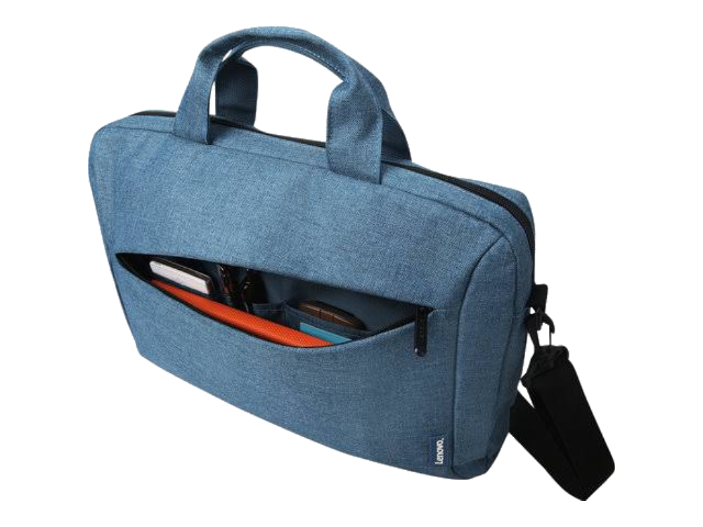 Una bolsa para portátil Lenovo azul con asa, bolsillos y correa para el hombro.