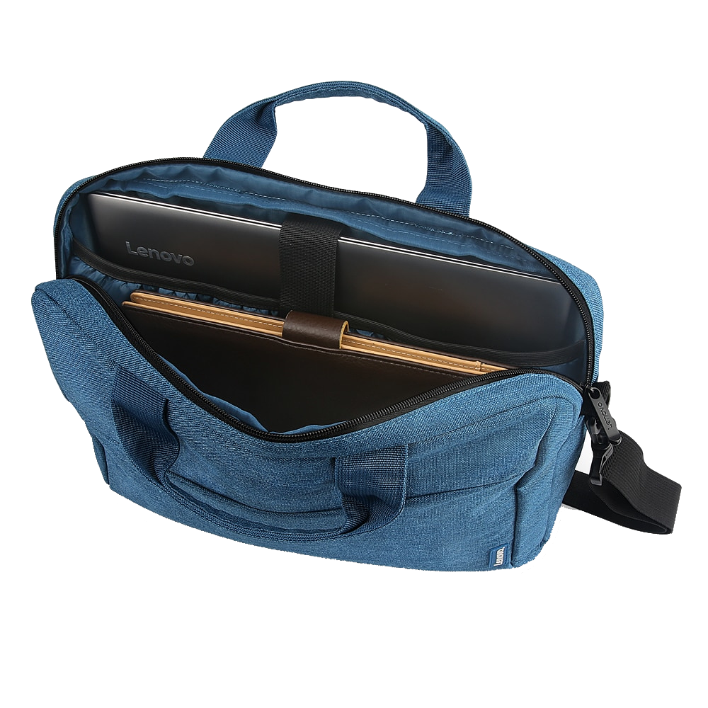 Bolsa de portátil azul abierta. Dentro: portátil, carpeta marrón.