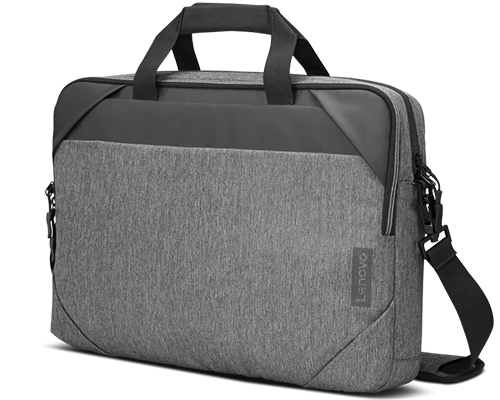 Una bolsa gris para portátil Lenovo con correa para el hombro sobre fondo blanco.