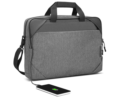 Bolso gris para portátil Lenovo con un smartphone cargando, asa y correa negros.