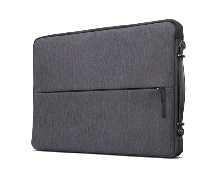 Funda de portátil gris oscuro con cremallera y asa sobre fondo negro.