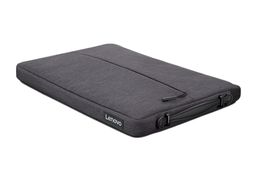 Funda gris para portátil Lenovo. Asa y cremallera negras. Logotipo Lenovo visible.