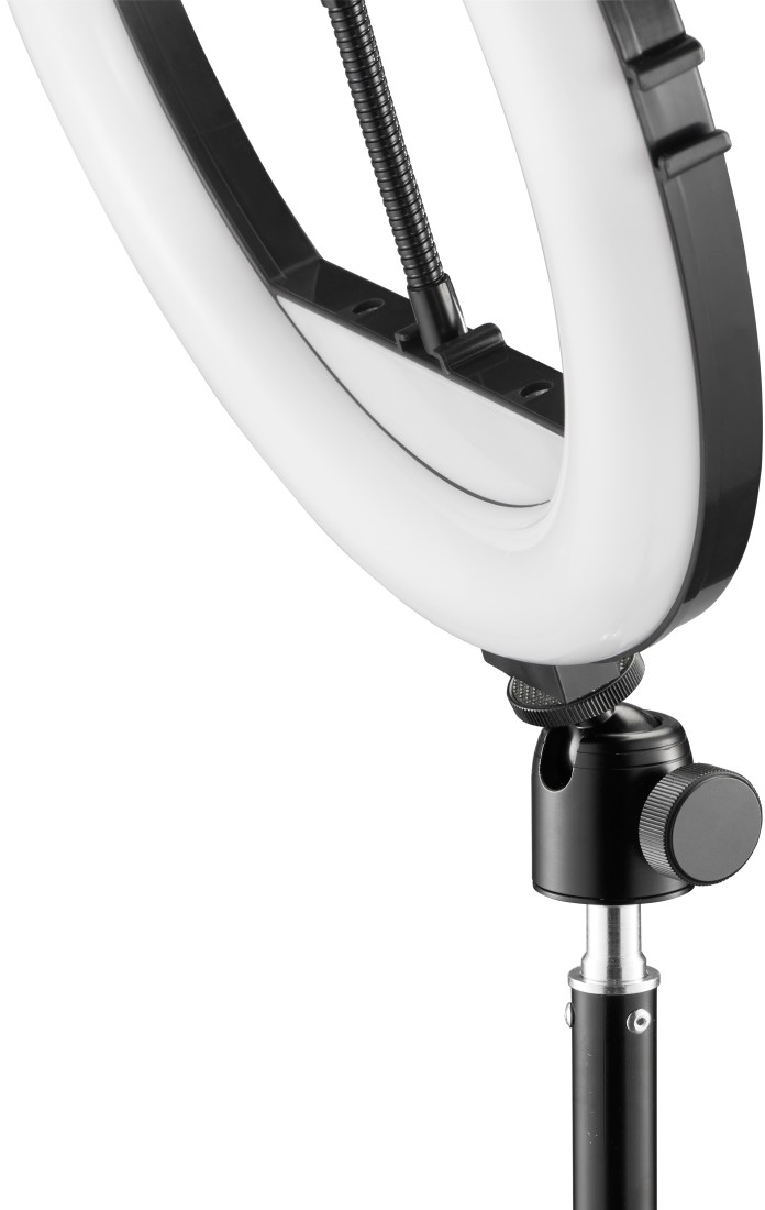 Ringlicht mit flexiblem Arm und Ständer. Das Licht ist weiß.