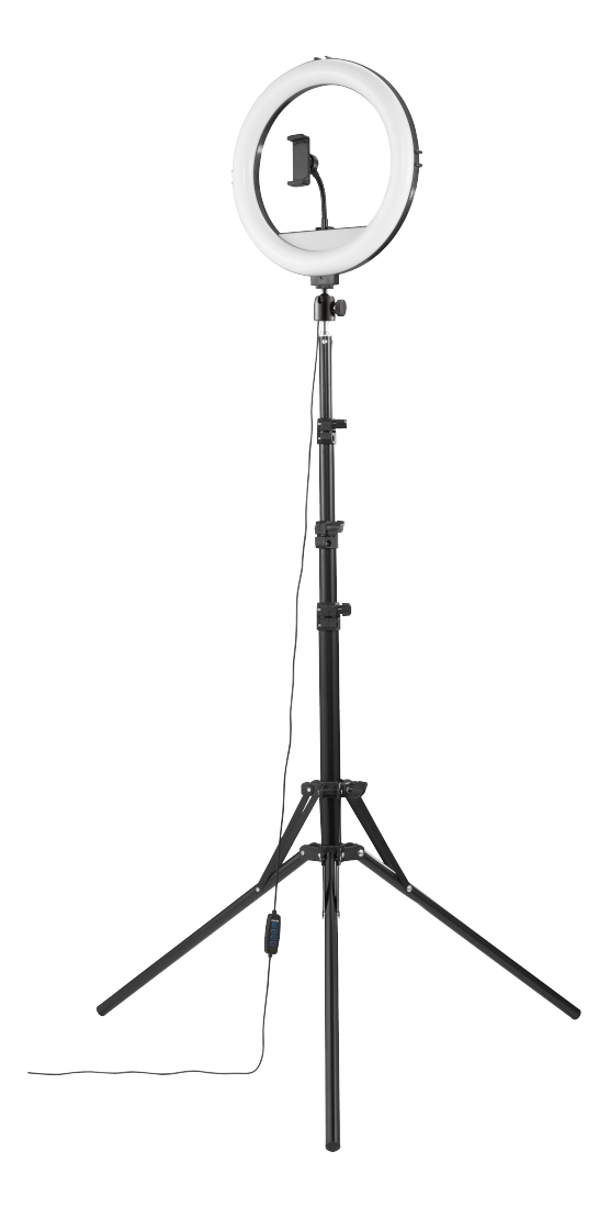 Ringlicht auf einem schwarzen Stativ. Telefonhalter befestigt. Schwarzer Hintergrund.