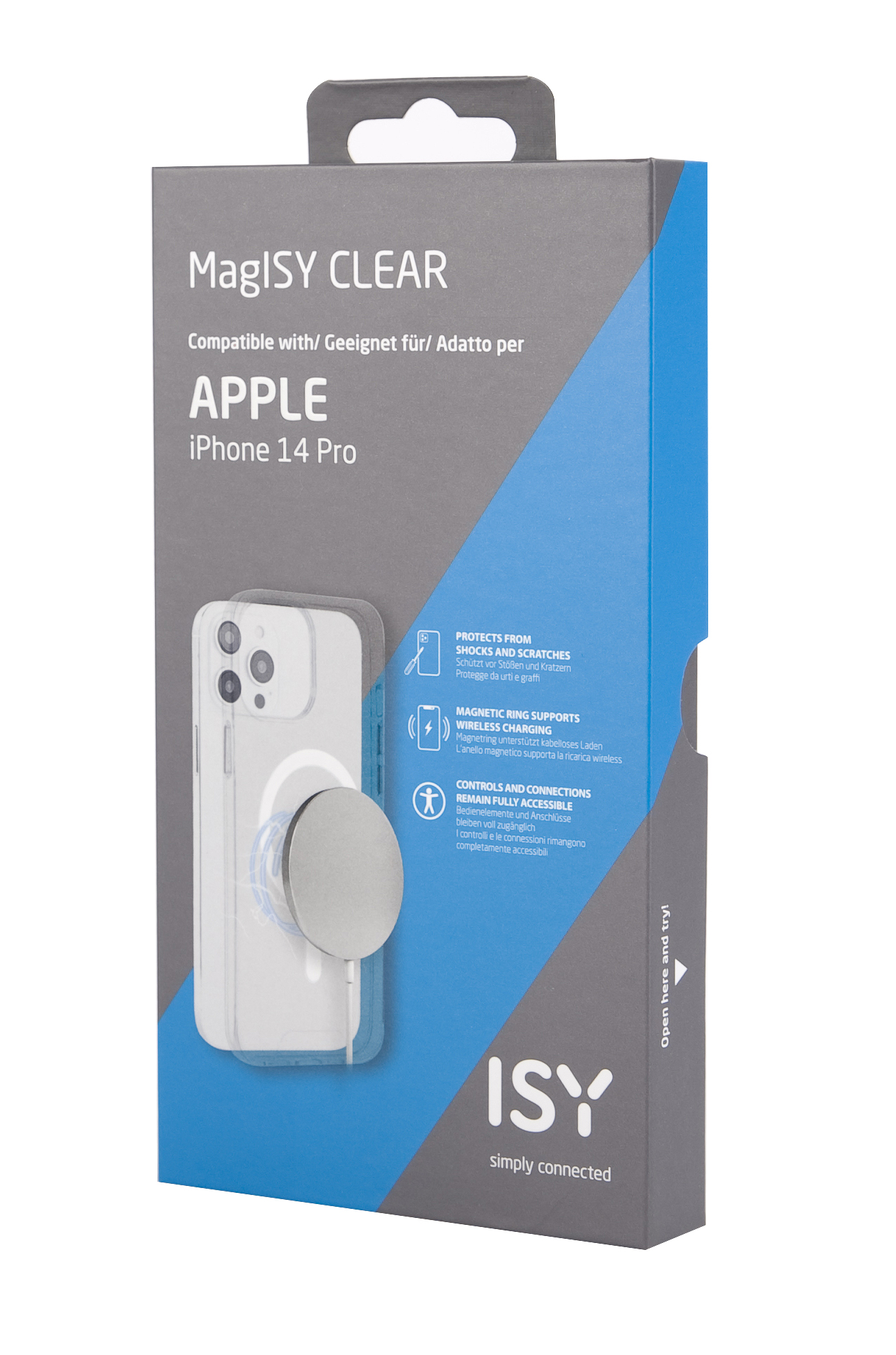 Una caja con una funda de teléfono y un anillo magnético. La funda es transparente.