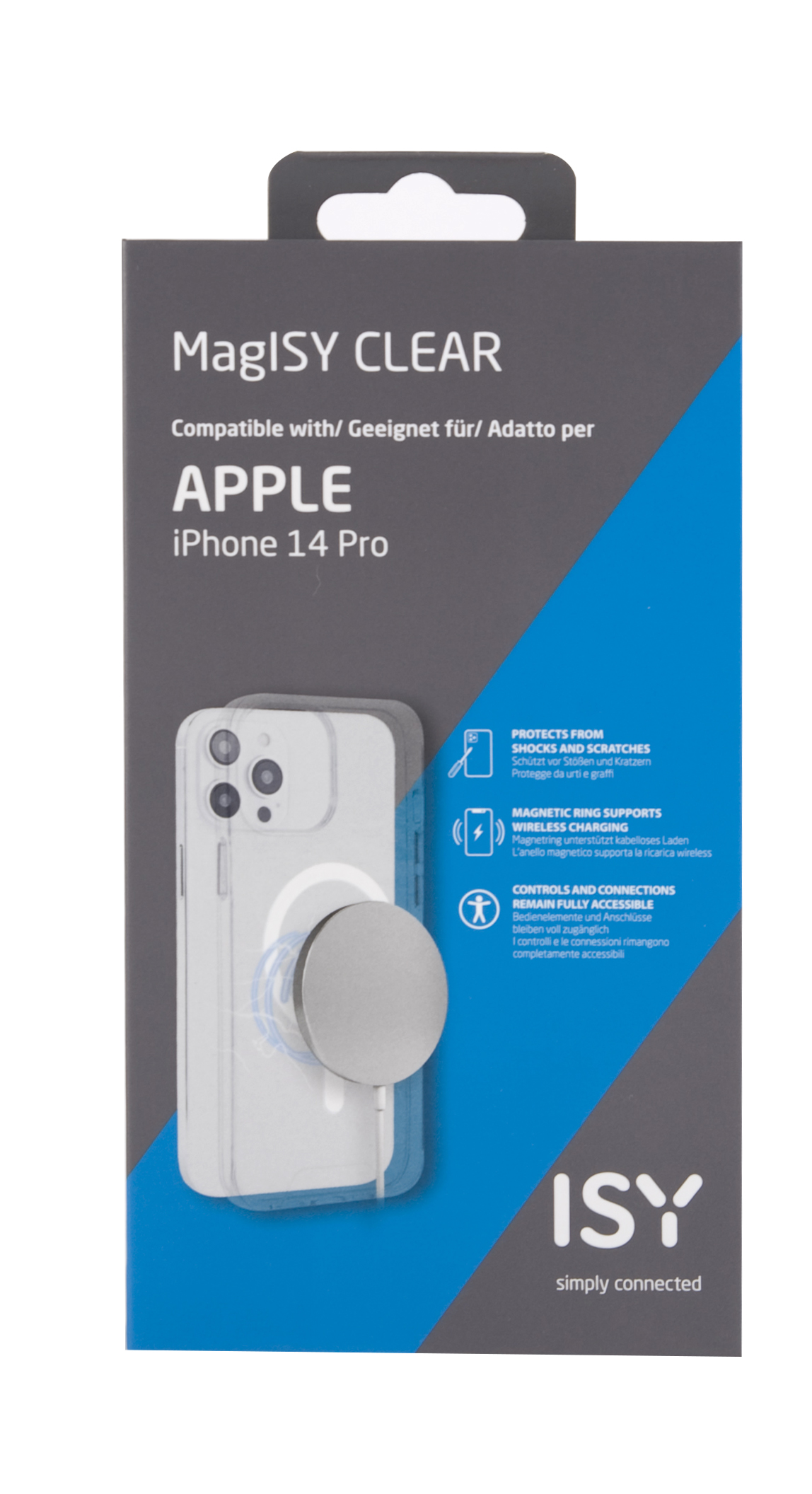 Caja blanca de funda de teléfono con la marca MagISY CLEAR. Funda y magsafe en la caja.