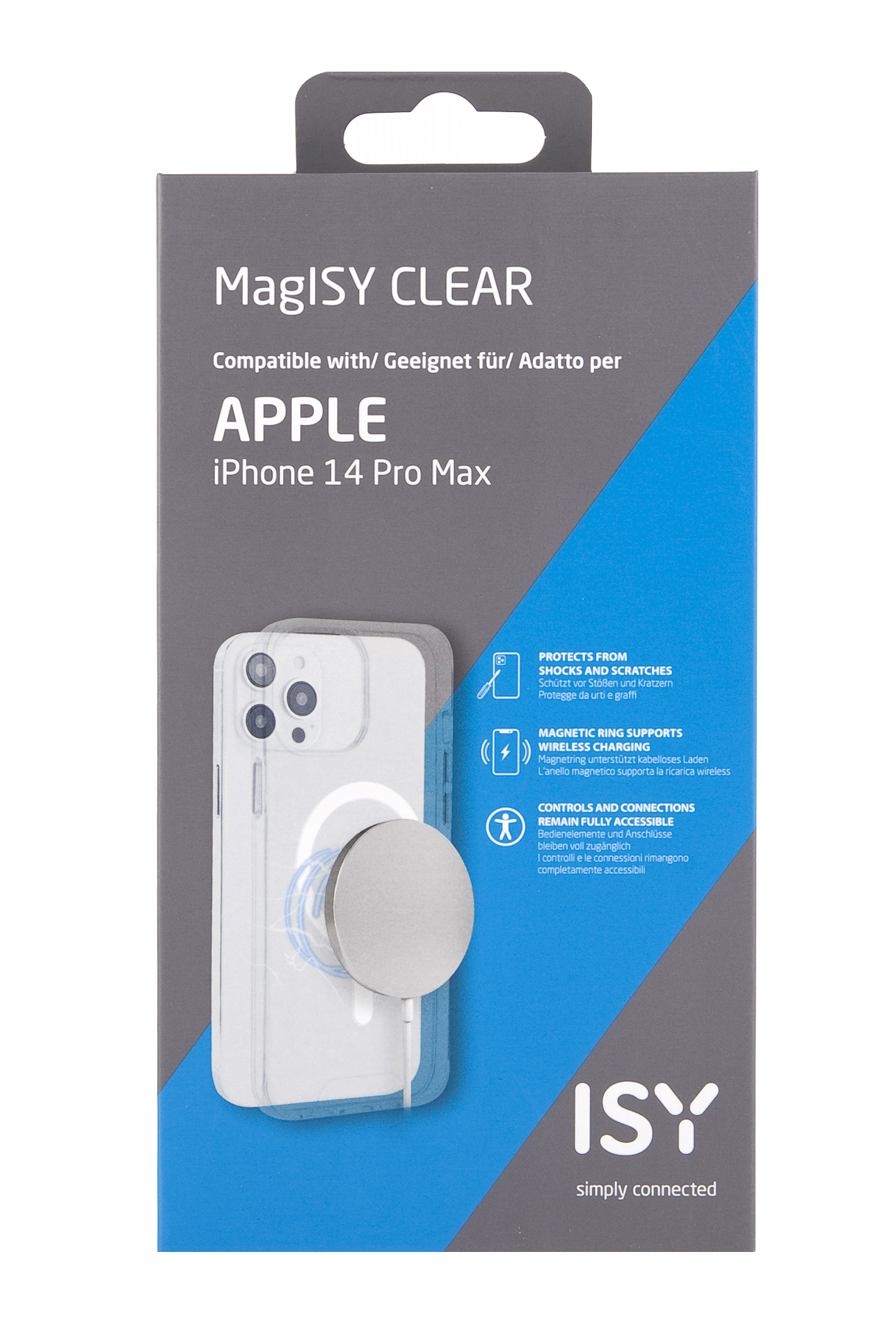 Una funda de teléfono con un cargador magnético en una caja. La funda es transparente y el cargador es plateado.
