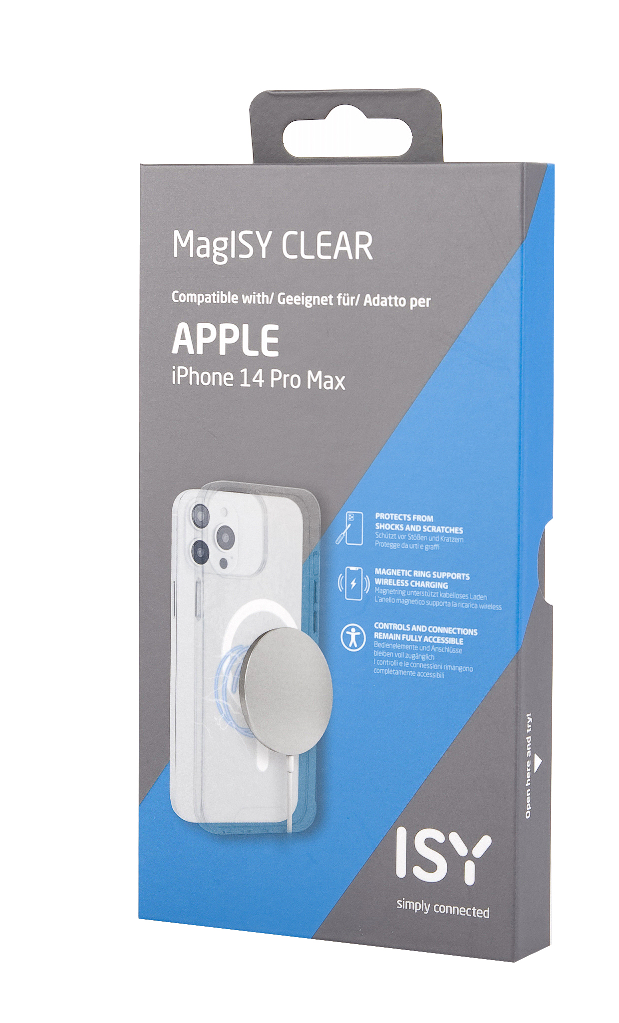 Funda iPhone 14 Pro Max en caja, con funda transparente y anillo magnético.