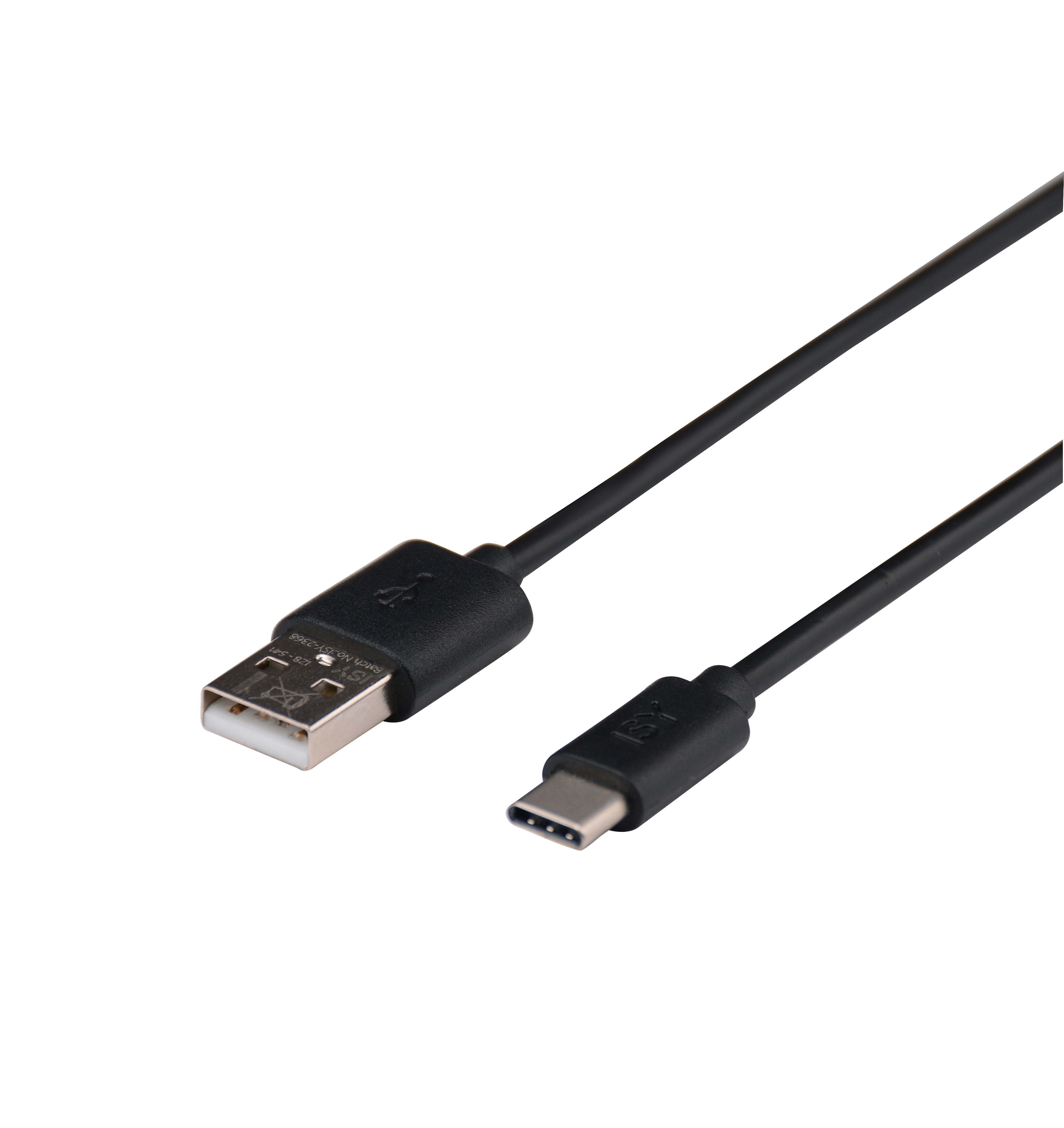 Cable negro de USB a USB-C. Un extremo es USB-A, el otro es USB-C. Fondo negro.