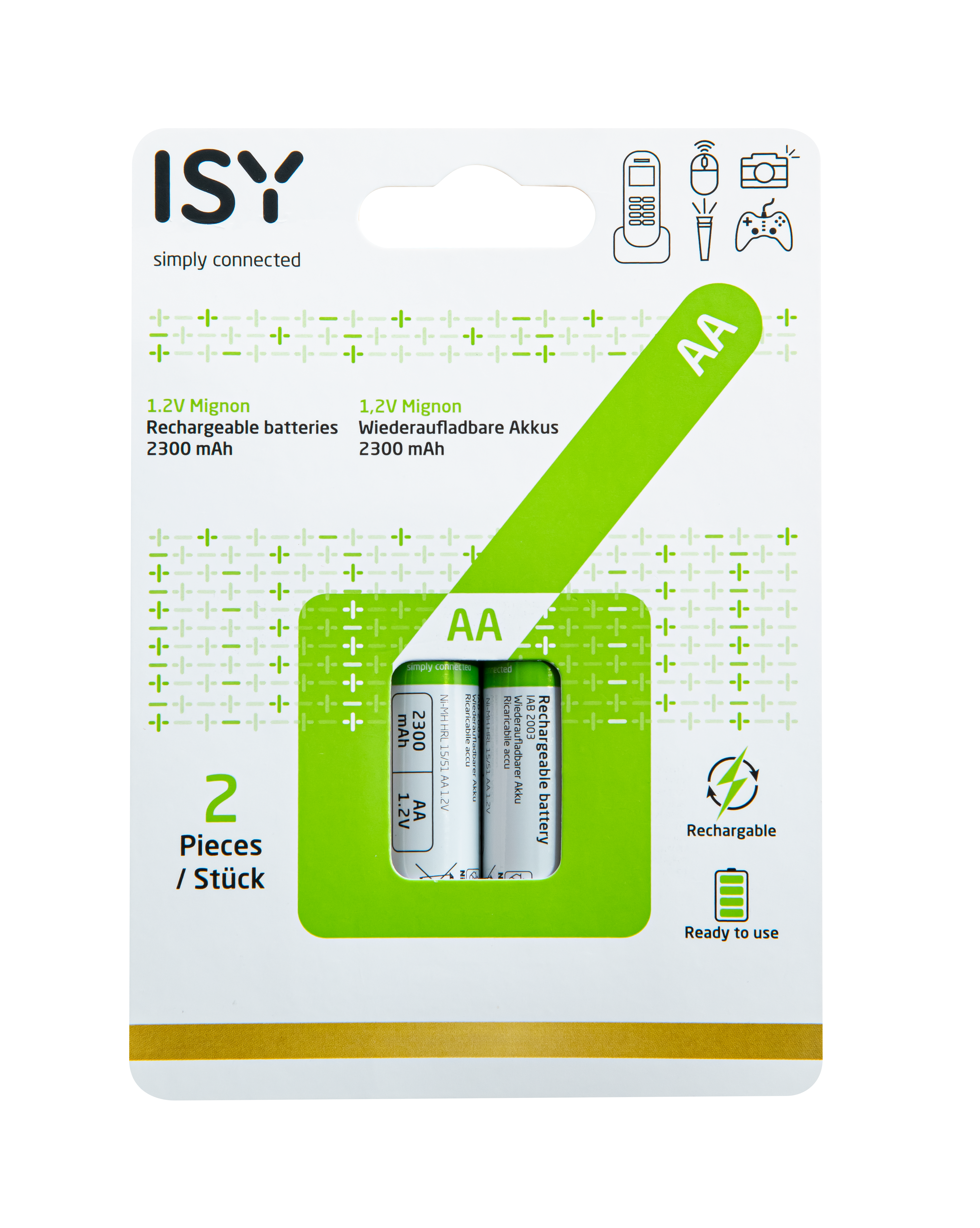 Paquete con 2 pilas recargables AA. Embalaje verde y blanco con información de la batería.