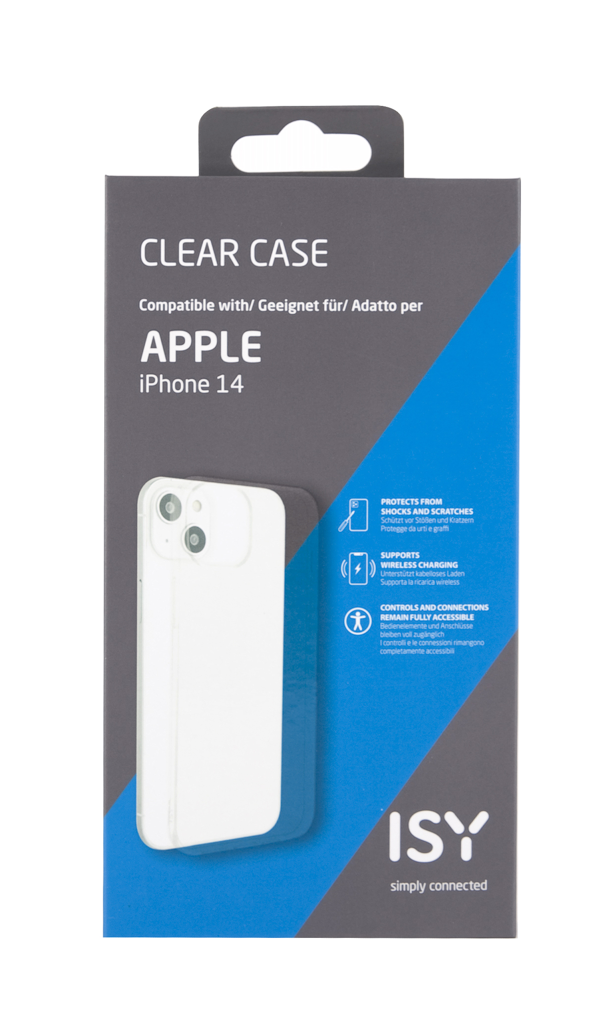 Funda transparente para iPhone 14 en caja blanca y azul.