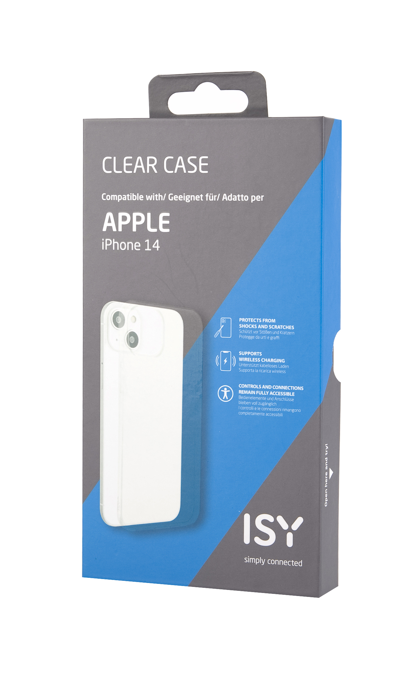 Caja de funda transparente iPhone 14, gráfico de teléfono blanco.