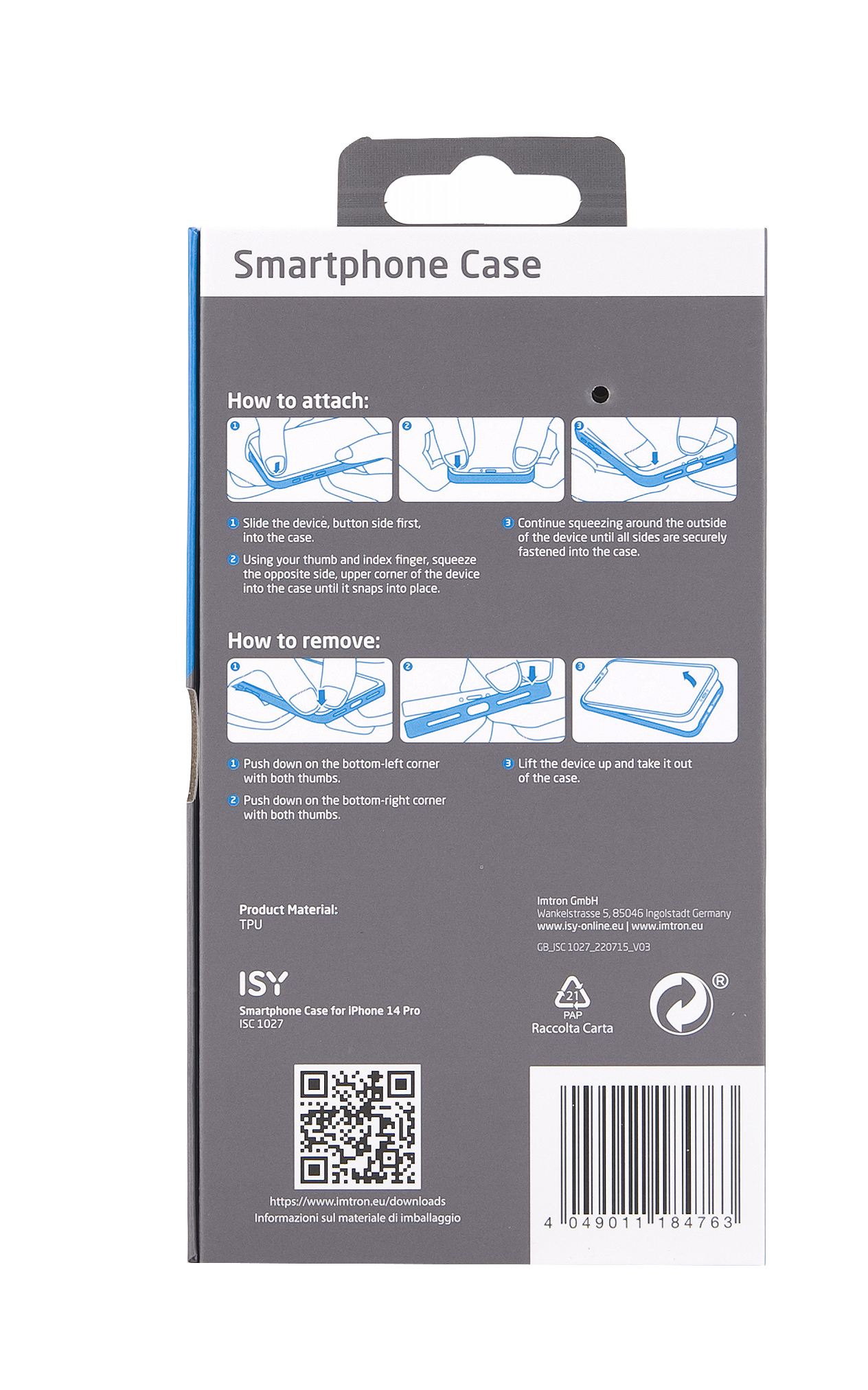 Parte trasera de una funda de smartphone con instrucciones. La funda está sobre una superficie blanca.