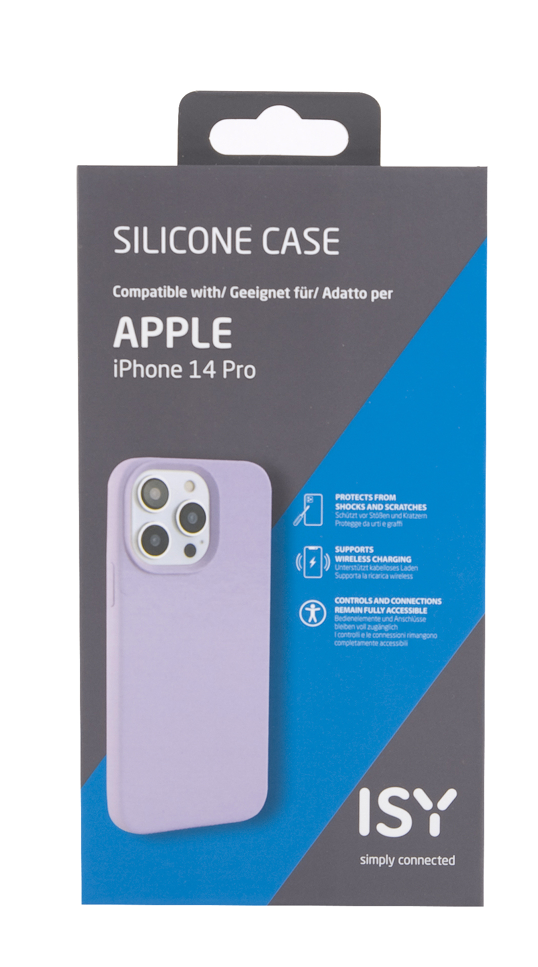 Caja de funda de silicona para iPhone 14 Pro. Carcasa lavanda visible.