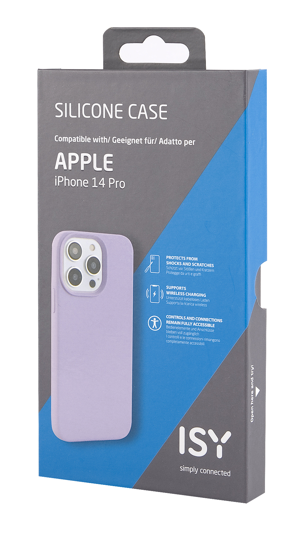 Una funda de teléfono morada en su embalaje. La funda está junto al embalaje.