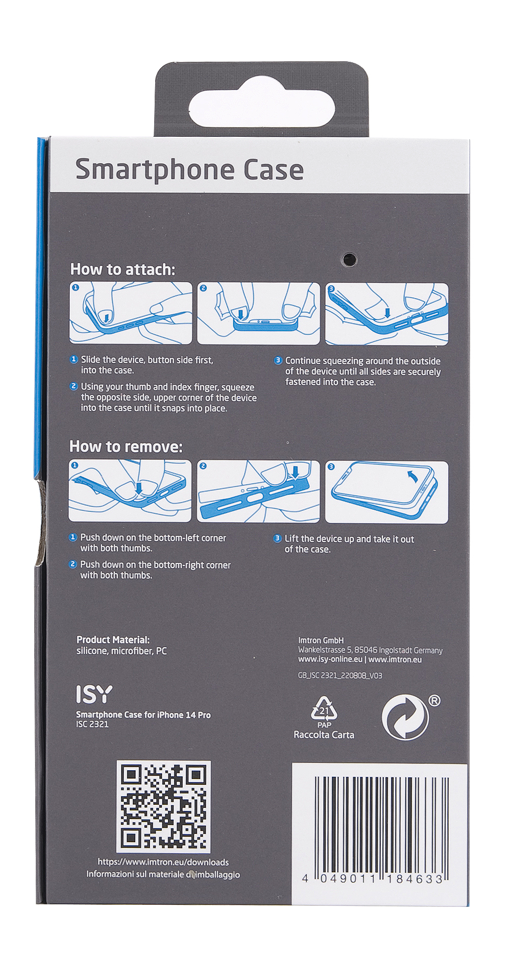 Parte trasera del embalaje de la funda del smartphone con instrucciones y un código QR. Diseño gris y blanco.