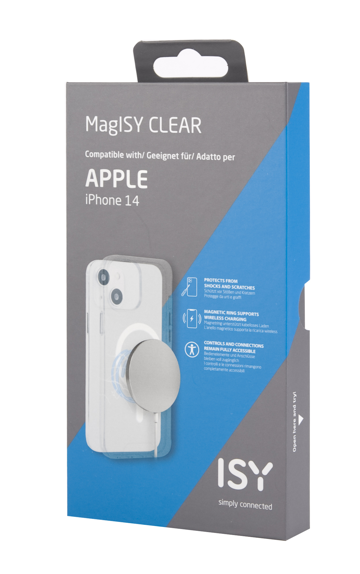 Caja para una funda de iPhone 14. Muestra un teléfono con un círculo plateado en la parte trasera.