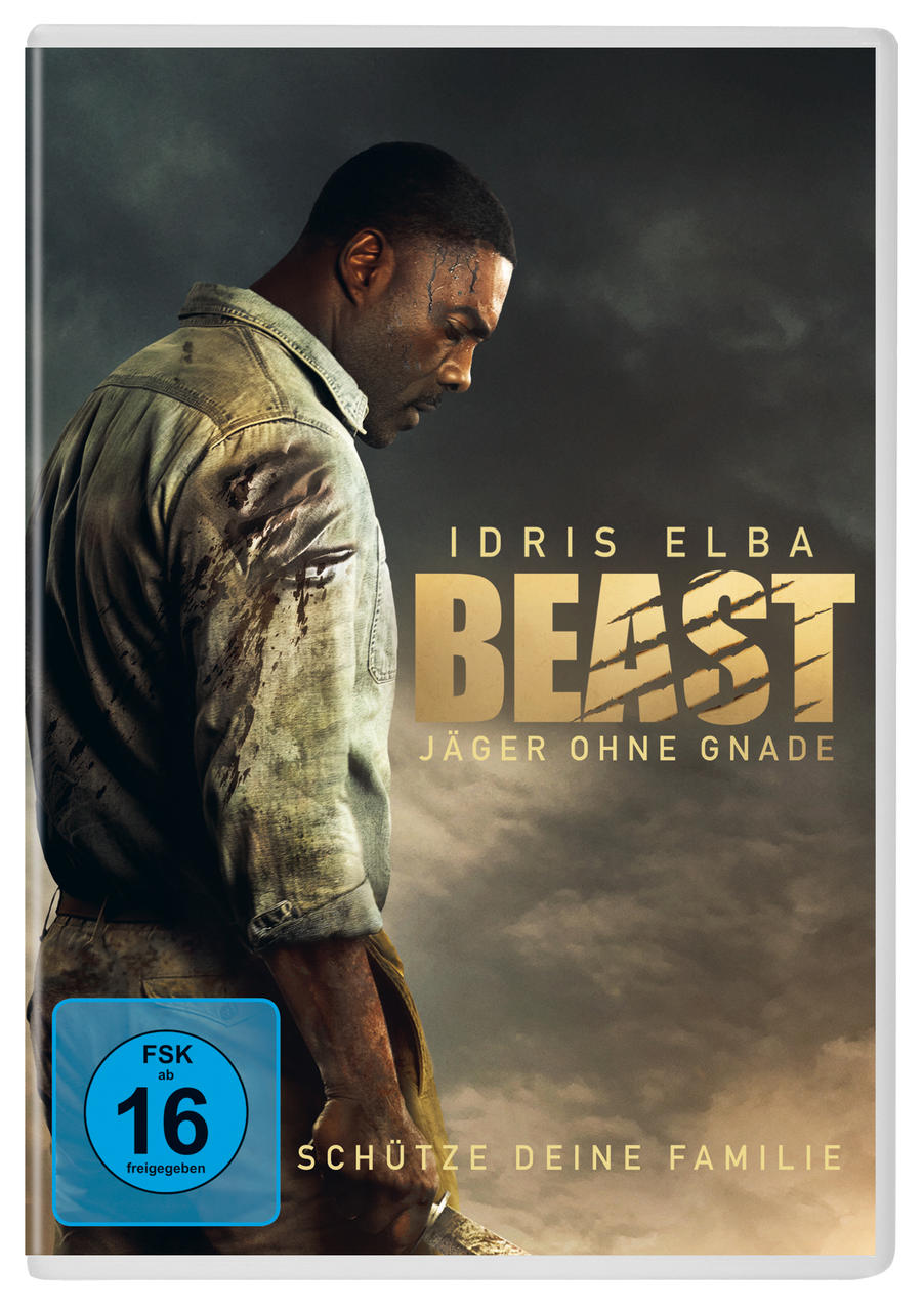 DVD-Cover von Beast. Idris Elba in einem schmutzigen Hemd. Titel und Slogan sind ebenfalls sichtbar.