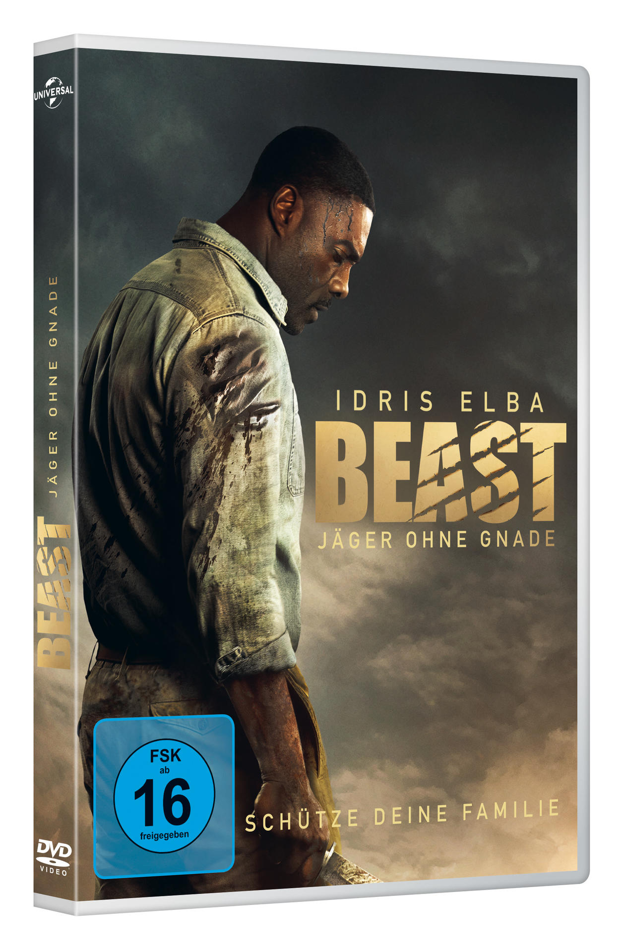 DVD-Cover von 'Beast', Idris Elba. Ein Mann im Hemd, der nach unten schaut.