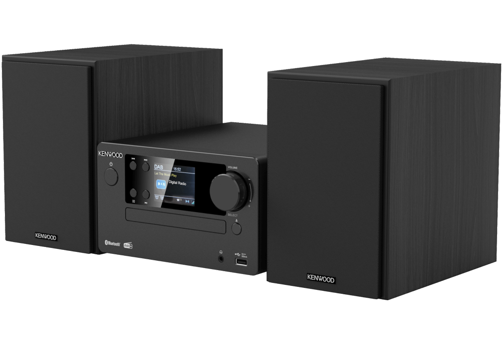 Kenwood Stereoanlage mit zwei Lautsprechern und einer Zentraleinheit.
