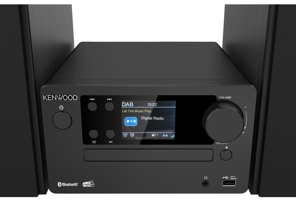 Ein schwarzes Kenwood-Stereosystem mit Digitalanzeige, die DAB-Radioinformationen anzeigt.
