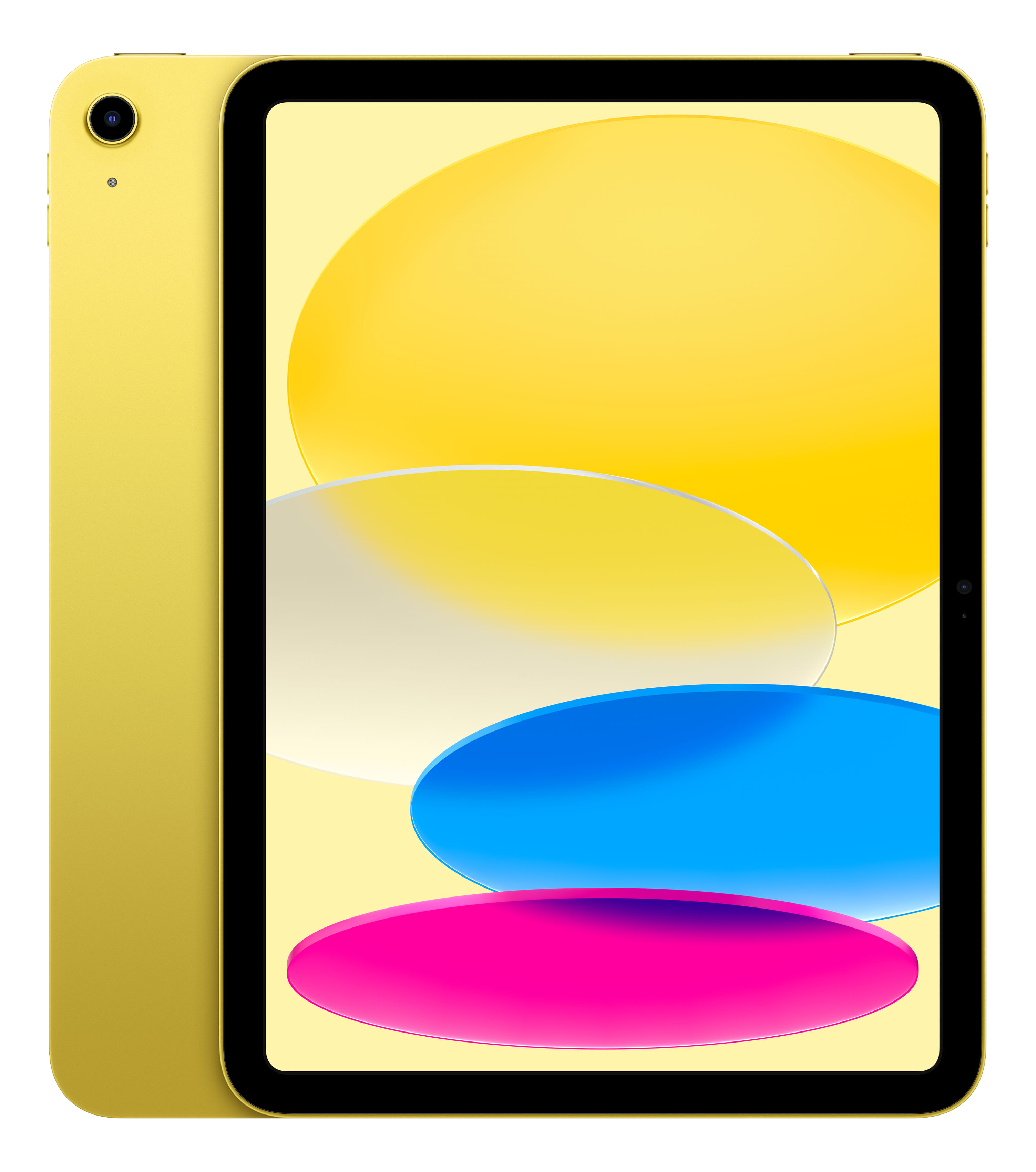 iPad giallo con sfondo astratto giallo brillante, blu e rosa sullo schermo.