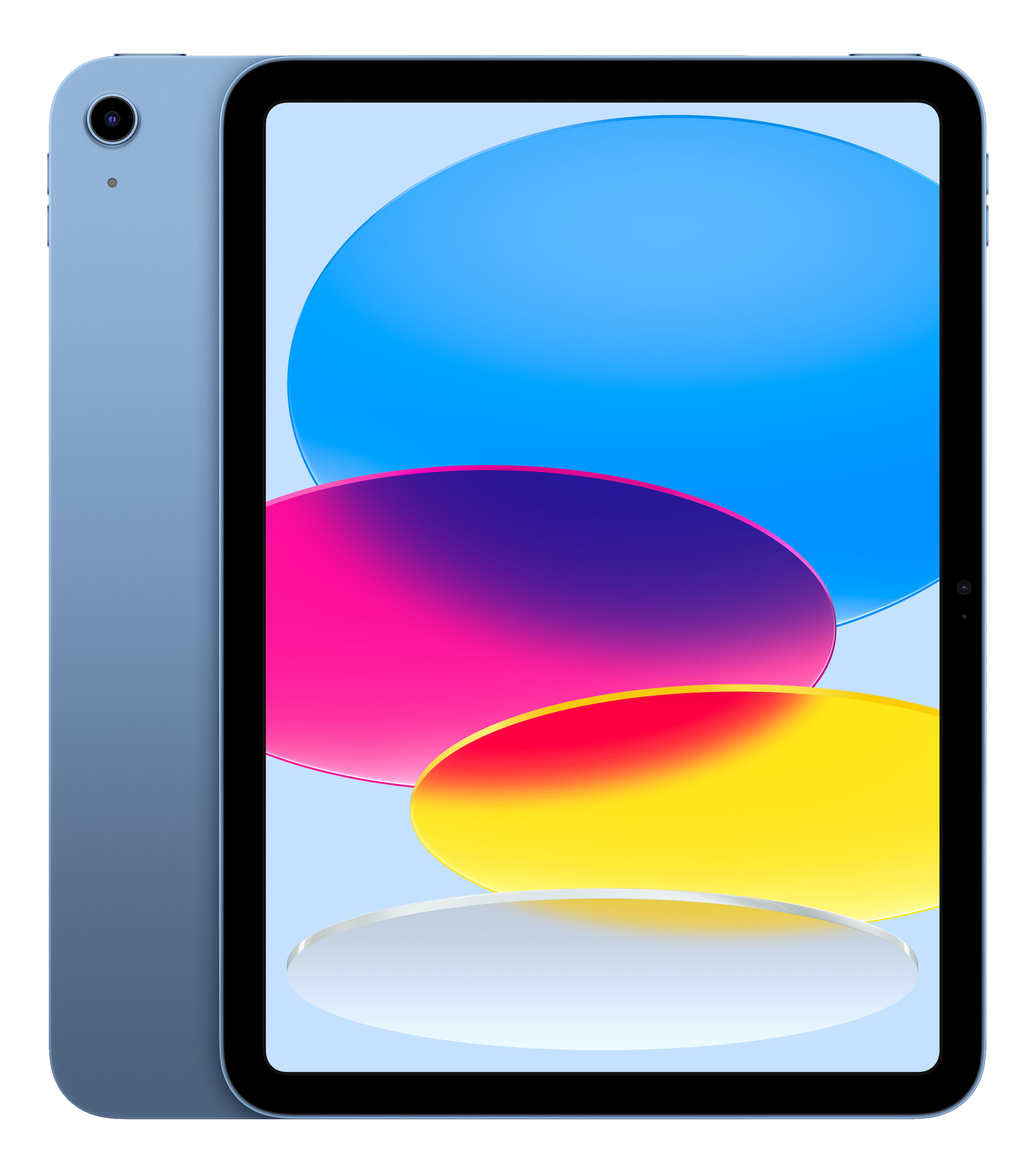 Blaues Tablet mit farbenfrohem, abstraktem Hintergrund. Es hat eine Kamera oben links.