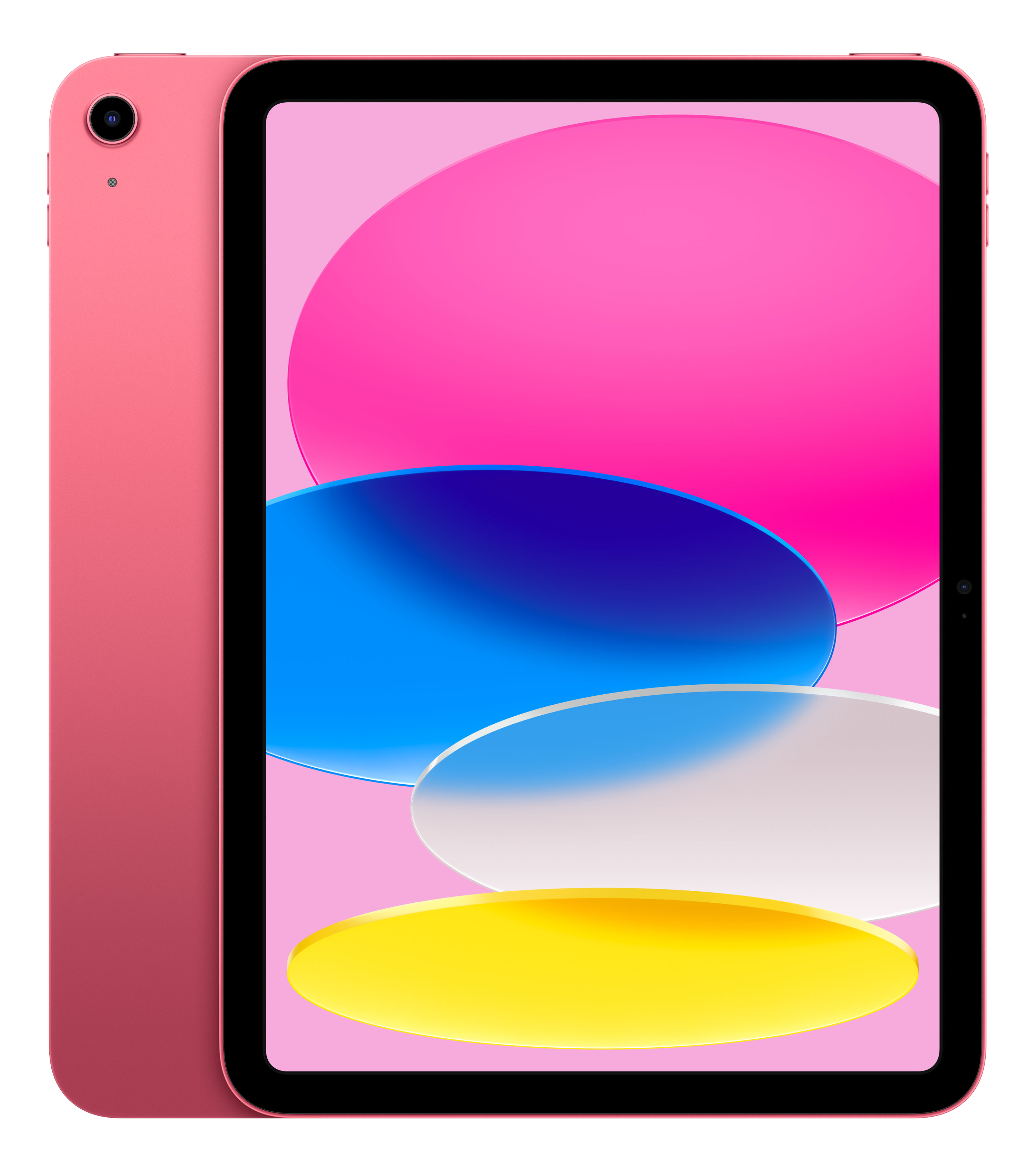 Un iPad rosa con uno sfondo astratto colorato sullo schermo. La fotocamera è in alto a sinistra.