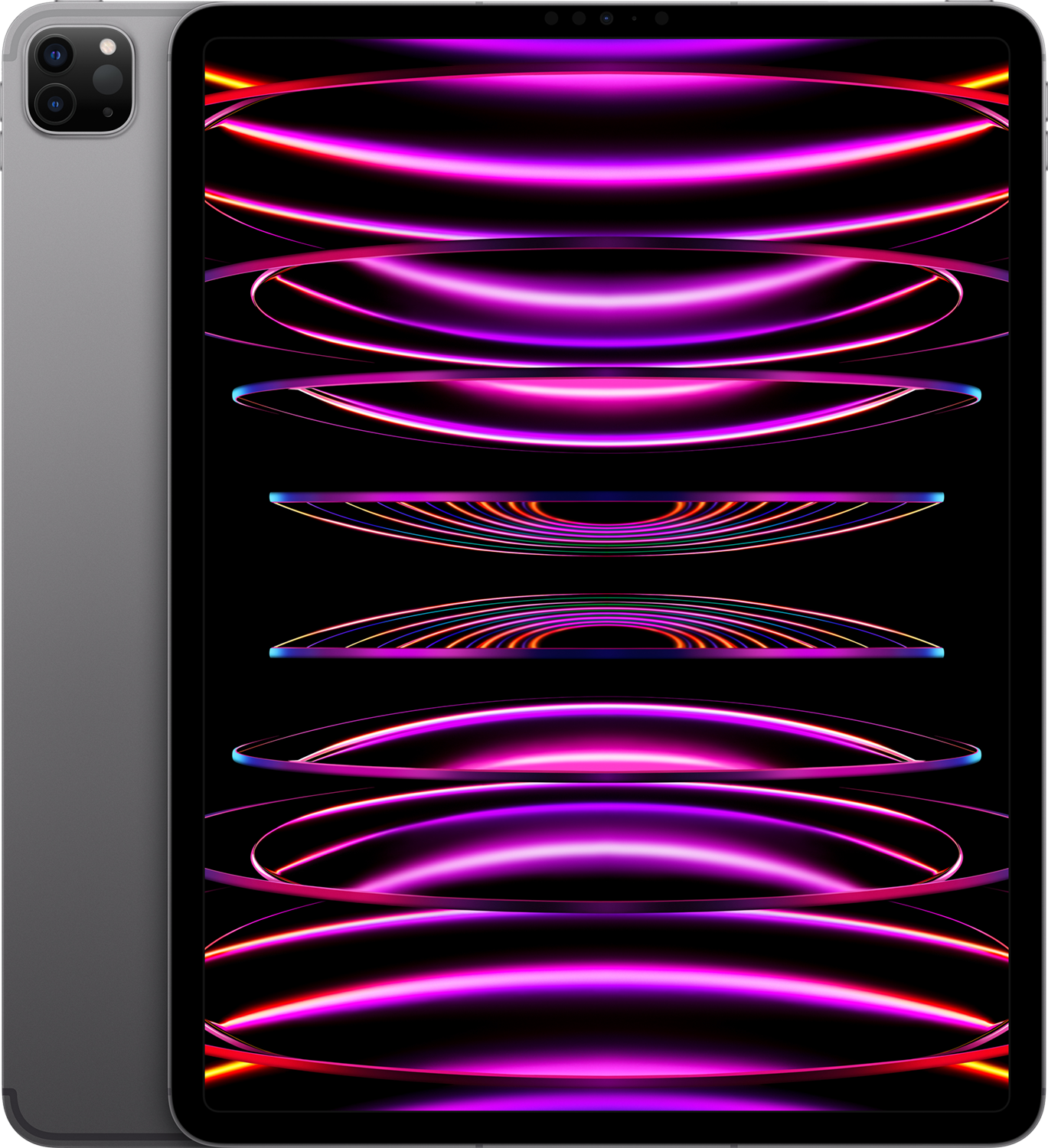 iPad Pro gris foncé avec écran noir affichant des lignes colorées.