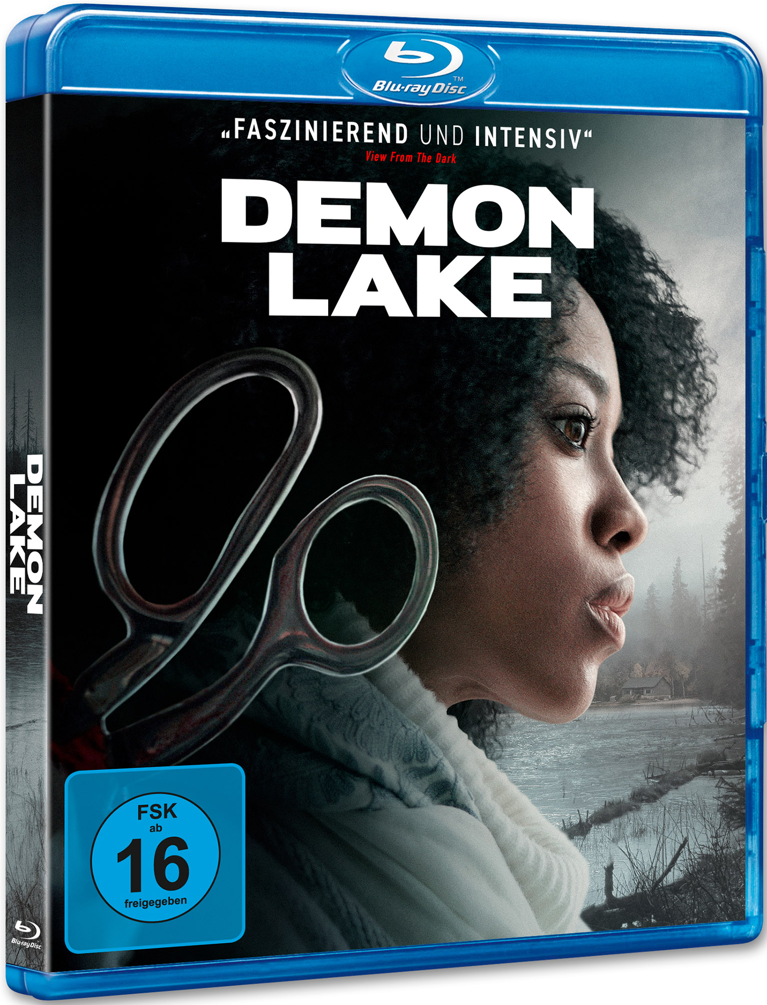 Eine Blu-ray Disc Hülle mit dem Titel 'Demon Lake' und dem Gesicht einer Frau.