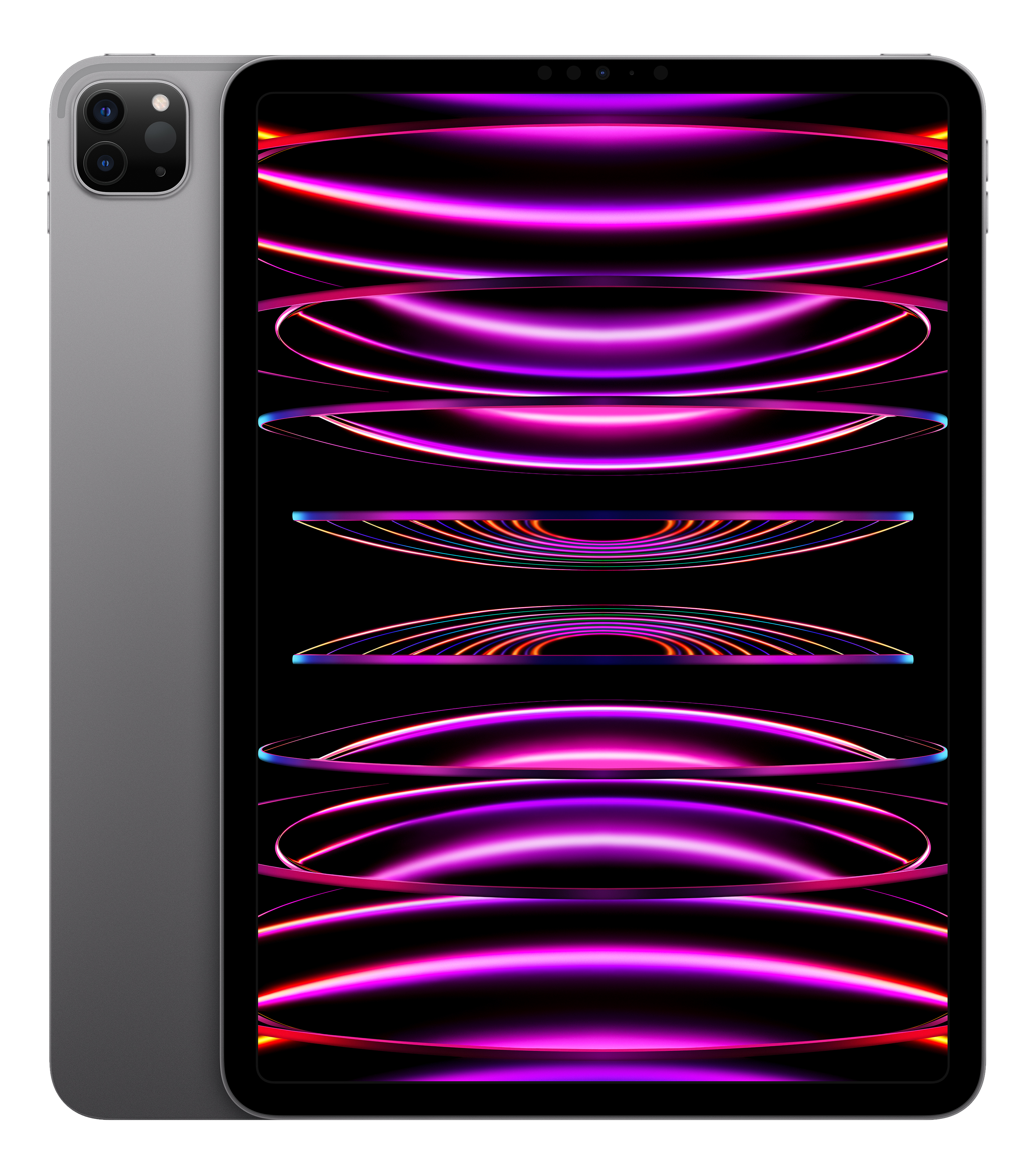 Graues iPad Pro mit schwarzem Display, das lila und rosa Lichtmuster zeigt, auf schwarzem Hintergrund.