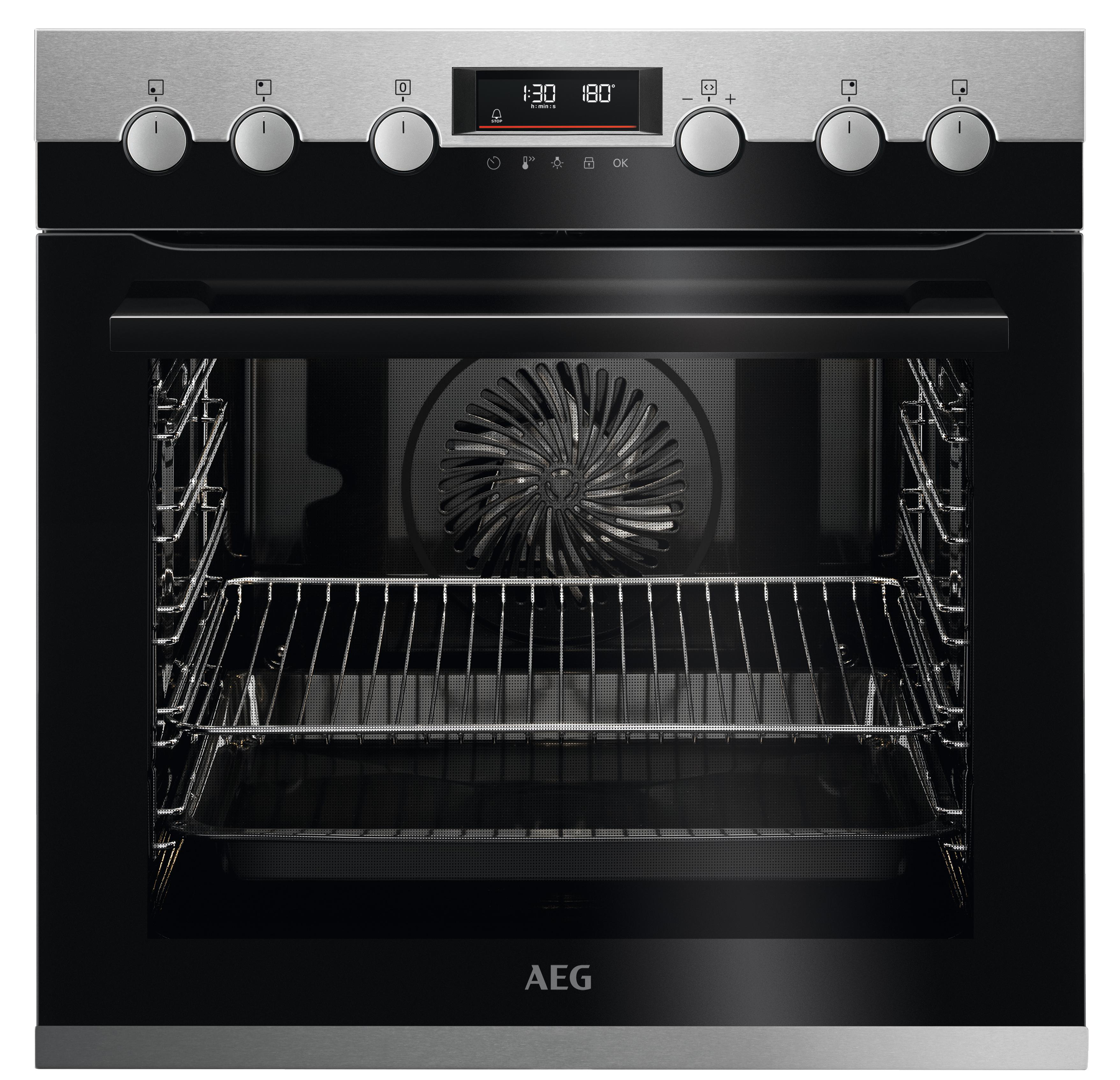 Ein schwarzer Backofen mit Glastür und digitaler Anzeige für Zeit und Temperatur.