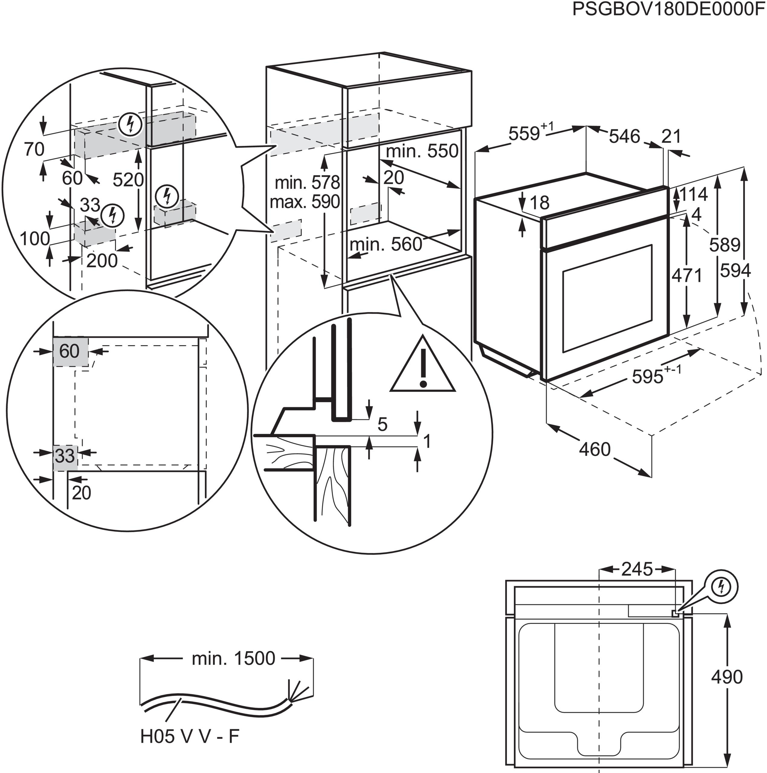 Diagramm eines Einbauofens mit Abmessungen und Installationsdetails, einschließlich verschiedener Messlinien.