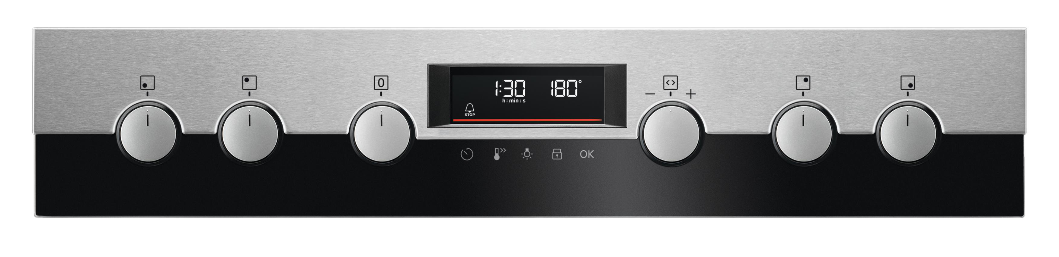 Backofen-Bedienfeld mit Knöpfen und Display, das 1:30 und 180 Grad anzeigt. Schwarz und Edelstahl.