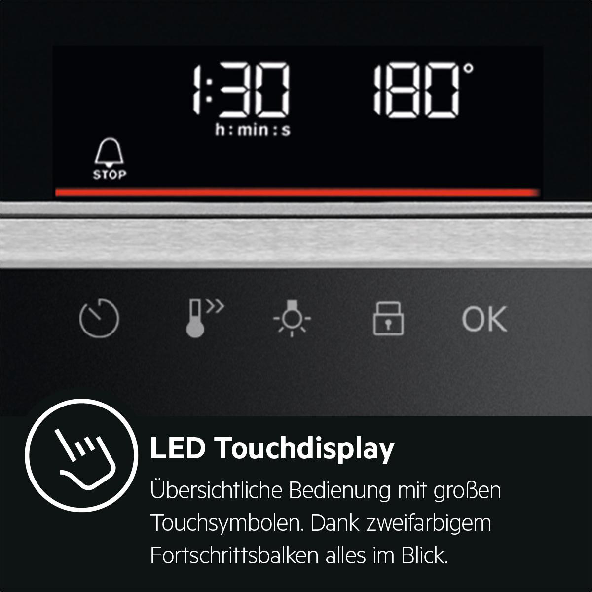 Nahaufnahme eines Ofenbedienfelds mit Anzeige von Zeit und Temperatur sowie Touch-Display.