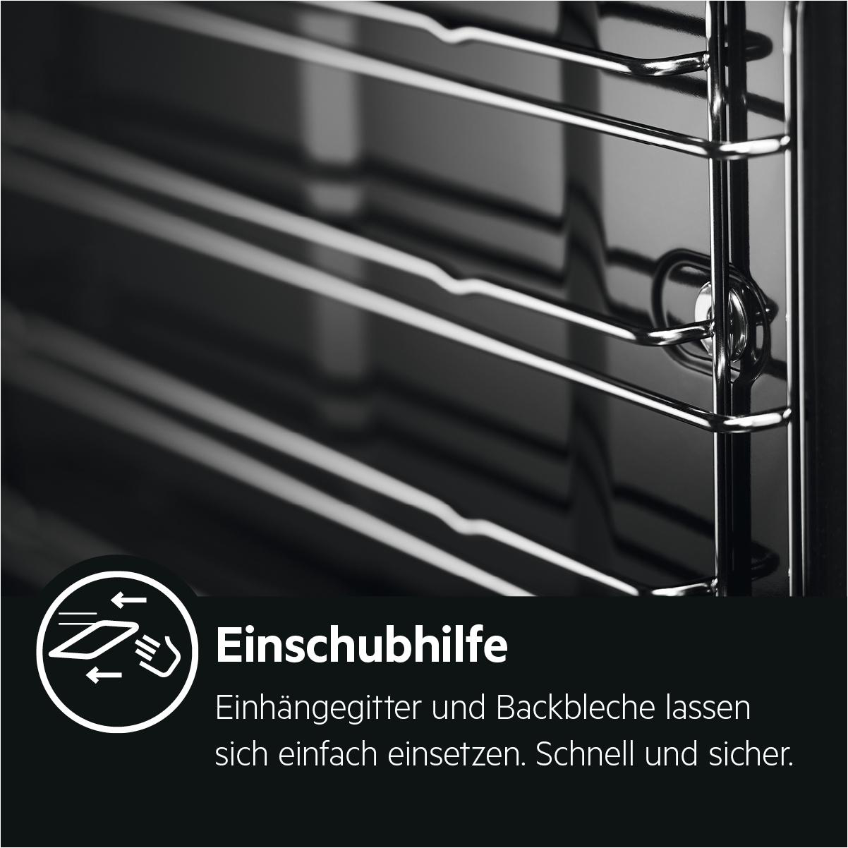 Nahaufnahme des Backofeninneren mit Schienen und Text zur einfachen Nutzung der Regale.