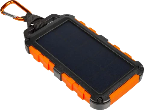 Een zwarte en oranje zonnepaneellader met een karabijnhaak.