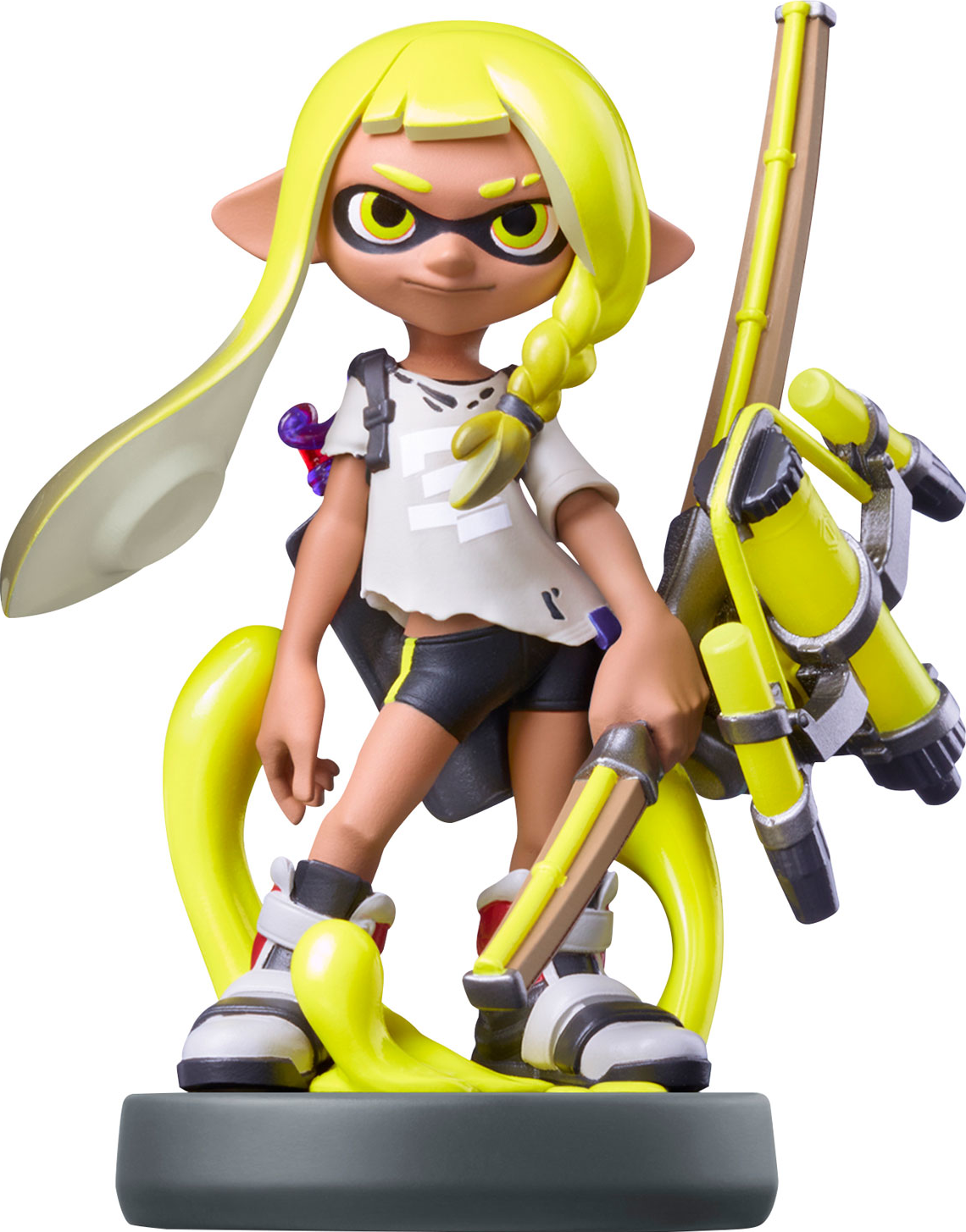 Gelbhaarige Splatoon-Figur mit Waffe auf einem Ständer.